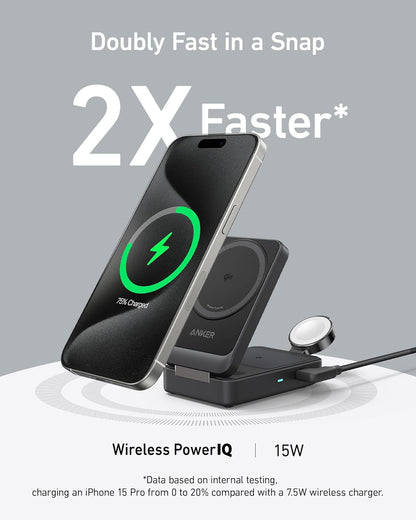 Anker - Maggo 3 in 1 Iphone 17 Charging Station, Magsafe-Compatible Wireless Charger Stand, Qi2 Certified 15W Foldable Charger for Iphone 17/16/15/14/13/12, Airpods, Apple Watch Ultra(Adapter Included) - Serious Techies