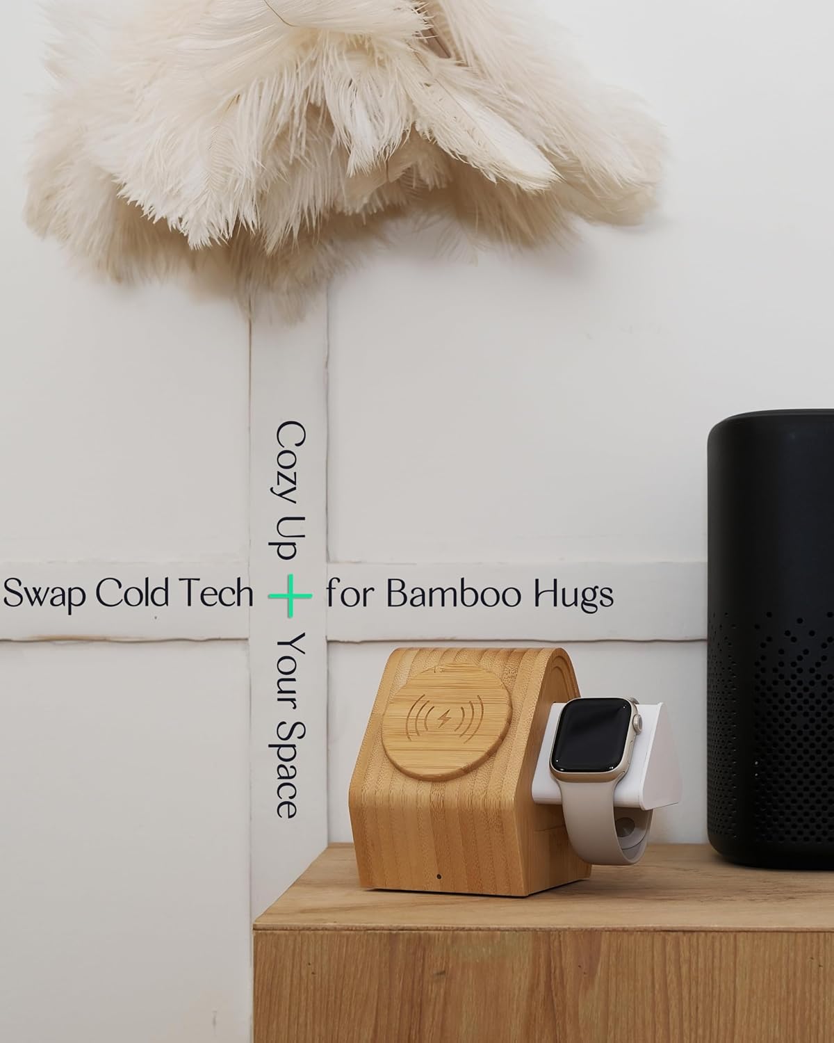 DYEWEAVE - Bamboo Wireless Charging Station for Apple: 3-In-1 Charger Stand with Cabin Style for Iphone 16 15 14 13 12 Series, Apple Watch 10-2, Ultra, and Airpods 4-2, Pro, Magsafe Wireless Charger(20W Adapter) - Serious Techies