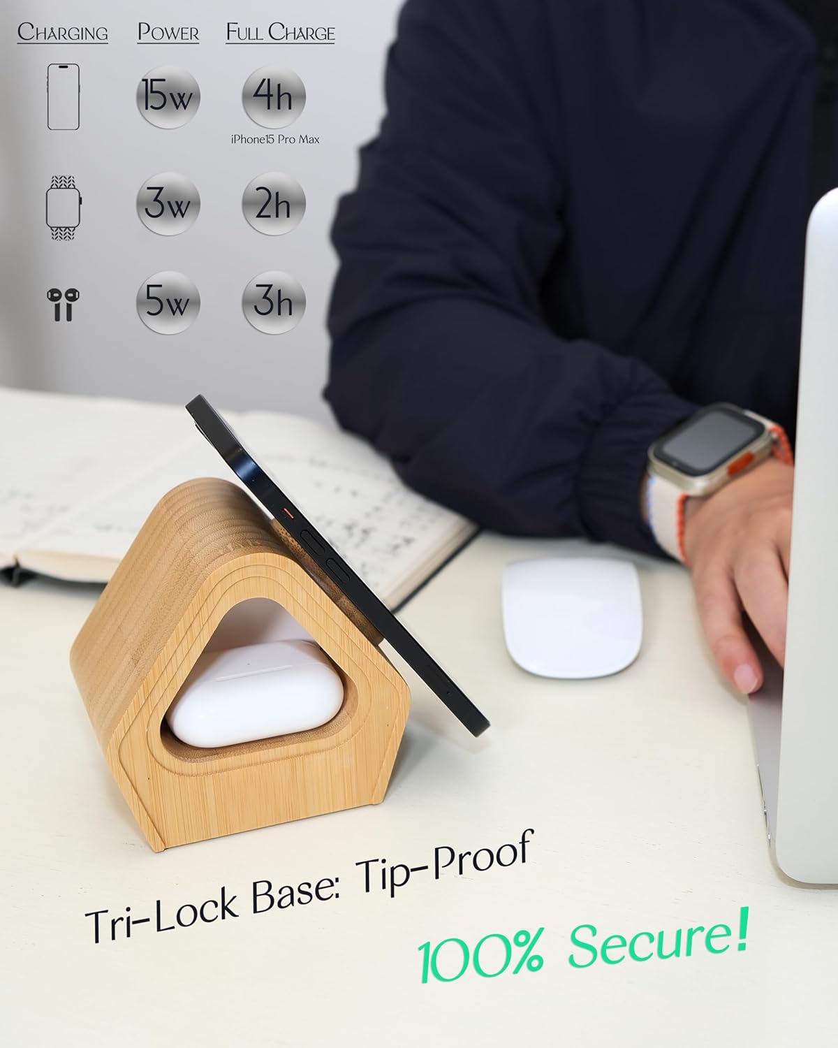 DYEWEAVE - Bamboo Wireless Charging Station for Apple: 3-In-1 Charger Stand with Cabin Style for Iphone 16 15 14 13 12 Series, Apple Watch 10-2, Ultra, and Airpods 4-2, Pro, Magsafe Wireless Charger(20W Adapter) - Serious Techies