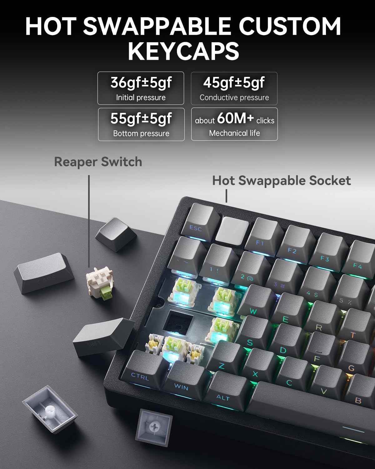 LEOBOG - HI75C Pro Mechanical Keyboard, 75% Hot Swappable Gaming Keyboard with Five-Layer Knob, Bluetooth/2.4Ghz/Usb-C Wireless Keyboards for Windows/Mac/Ios/Android - Reaper Switch, Grey - Serious Techies