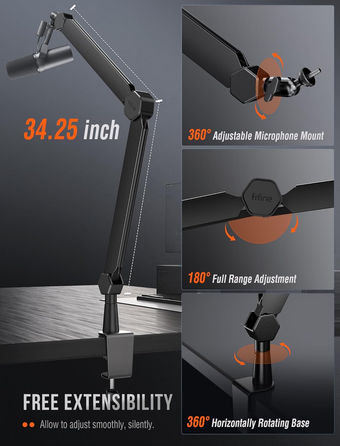FIFINE - Mic Arm Stand, Microphone Boom Arm with Desk Clamp, Cable Channels, 3/8" to 5/8" Threads, Heavy Metal Microphone Stand for Podcast, Vocal Recording, Gaming-Bm66 Black - Serious Techies