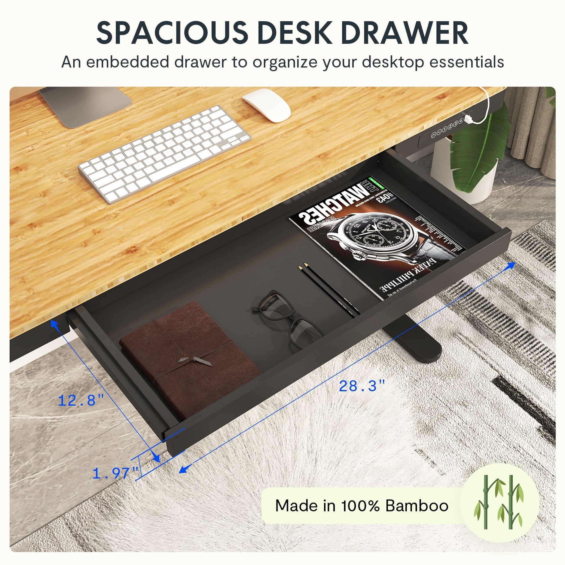 FLEXISPOT - 55"X28" Wireless Charging Dual Motors Standing Desk with Drawers, Black and Bamboo Top Height Adjustable Desk with Cable Management Tray - Serious Techies