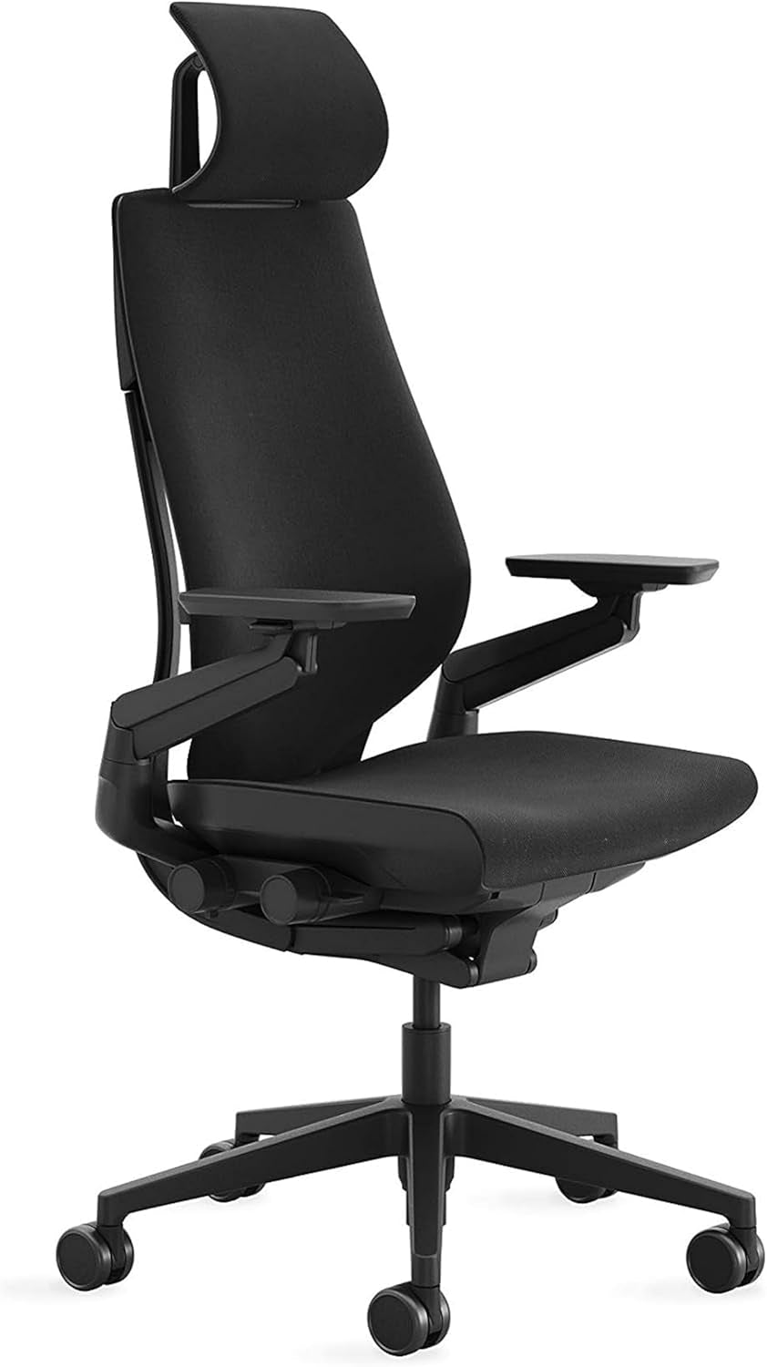 Steelcase - Gesture Office Chair with Head Rest - Ergonomic Work Chair with Wheels for Carpet - Comfortable Office Chair - Intuitive-To-Adjust Chairs for Desk - 360-Degree Arms - Licorice Fabric - Serious Techies