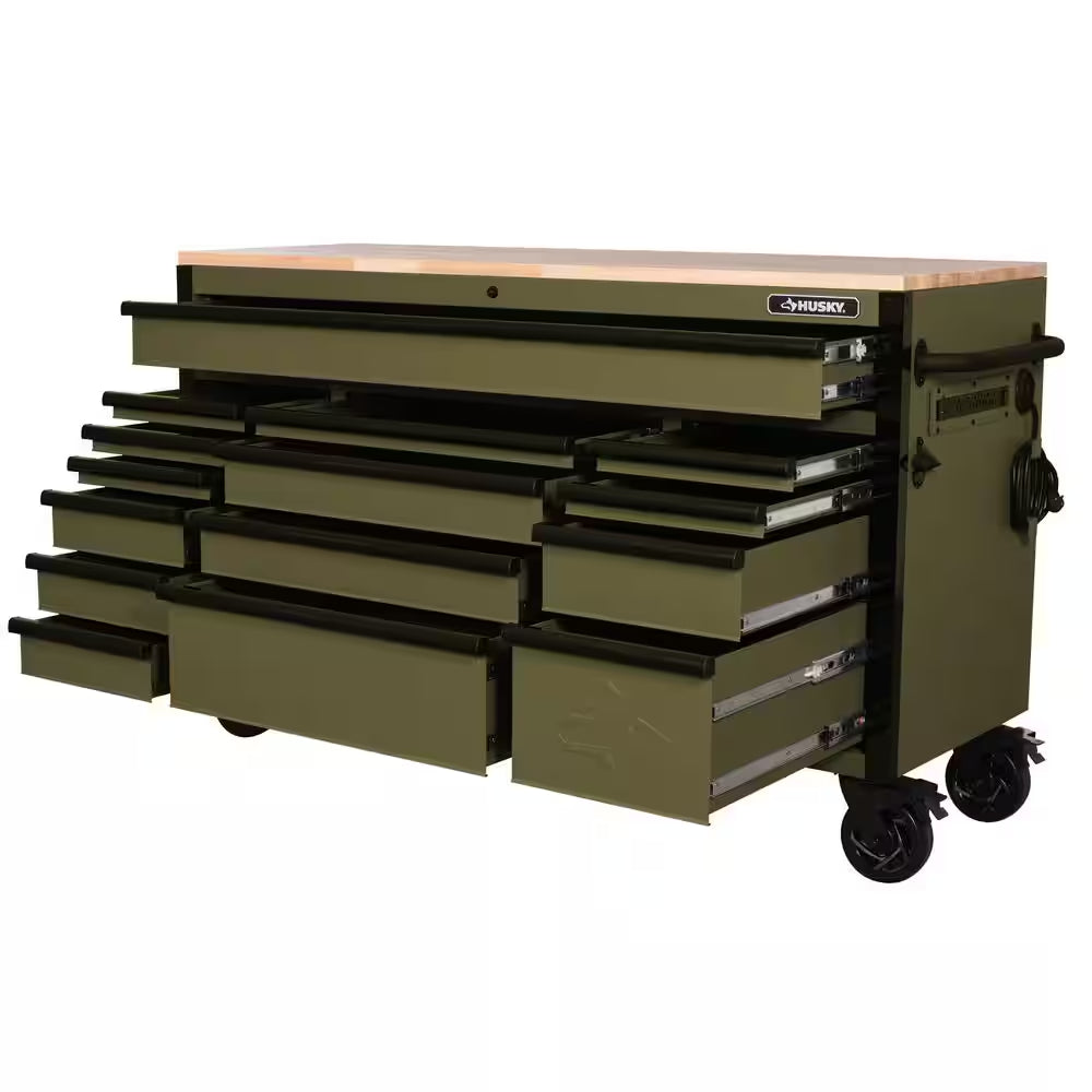 Husky - Heavy Duty 61 In. W X 23 In. D 15-Drawer Matte Army Green Mobile Workbench Cabinet with Solid Wood Top - Serious Techies