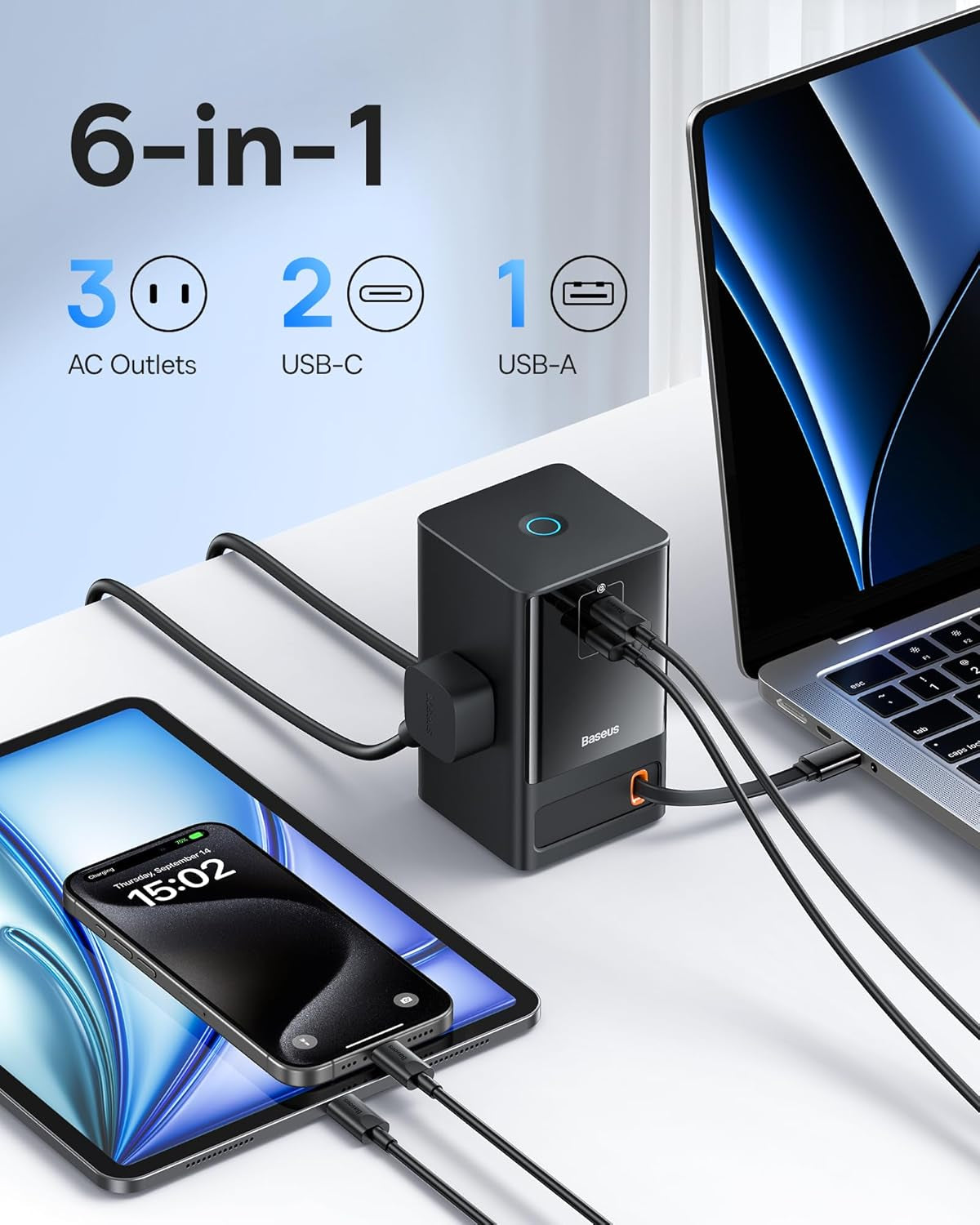 Baseus - 6-In-1 65W Charging Station with Retractable USB-C Cable, Power Combo USB C Power Strip for Multiple Devices, Fast Charger for Iphone, Macbook, Samsung, PS5 for Home/Office/Dorm/Travel - Serious Techies