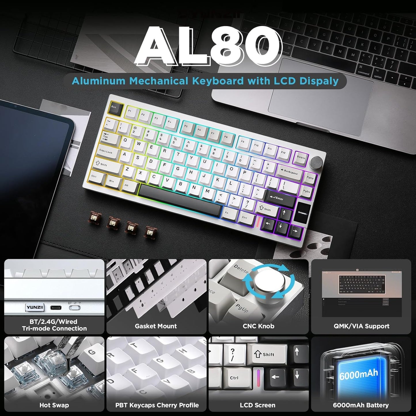 AL80 Wireless Mechanical Keyboard,Full Aluminum CNC, Smart LCD Display,Hot Swappable Gasket Mount 75% Layout with Knob,Bt/2.4G/Usb-C,Qmk/Via Support for Win/Mac (Silver, Gateron Zero Switch)