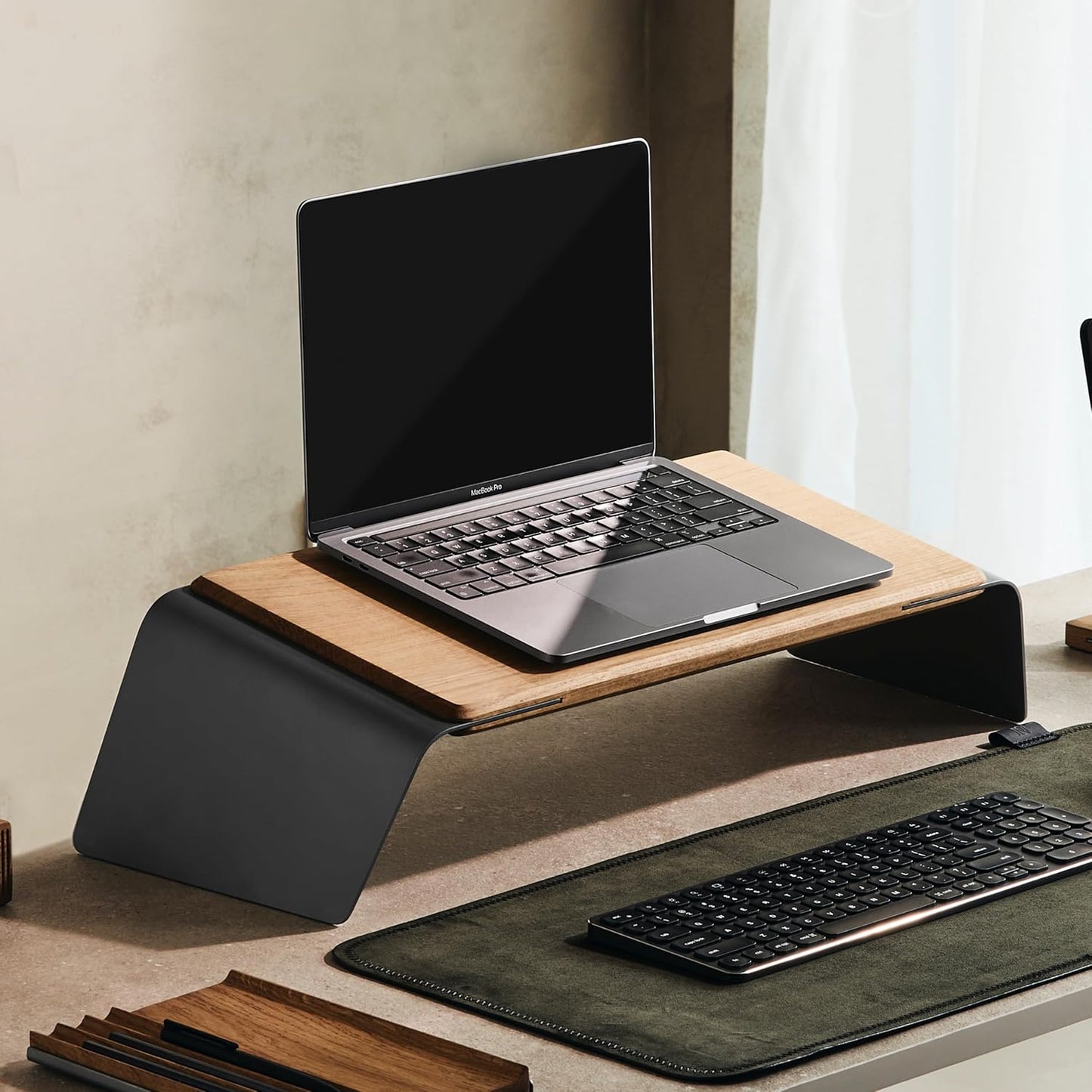 NOOE - Laptop Stand Desk Top Table Holder, 10 Degree Angled, 46.5 X 22.5 in Working Space, American Walnut Wood, Aluminum, Anthracite Finish - Serious Techies