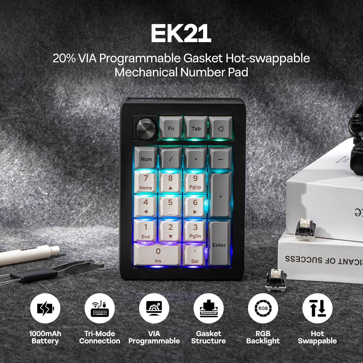 EPOMAKER - EK21 via Gasket Number Pad with 1000Mah Battery, BT 5.0/2.4Ghz/Wired Hot-Swap Numpad with Aluminum Alloy Knob, Programmable for Win/Mac/Gaming (Black Silver, Wisteria V2 Switch) - Serious Techies