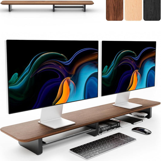 KIVY - Dual Monitor Riser with Integrated Metal Shelf - Wooden Desk Shelf for Top of Desk - Wood Monitor Stand for Desk 2 Monitors / Tv - Dual Monitor Stand Riser for Desk - Large Walnut Monitor Stand - Serious Techies