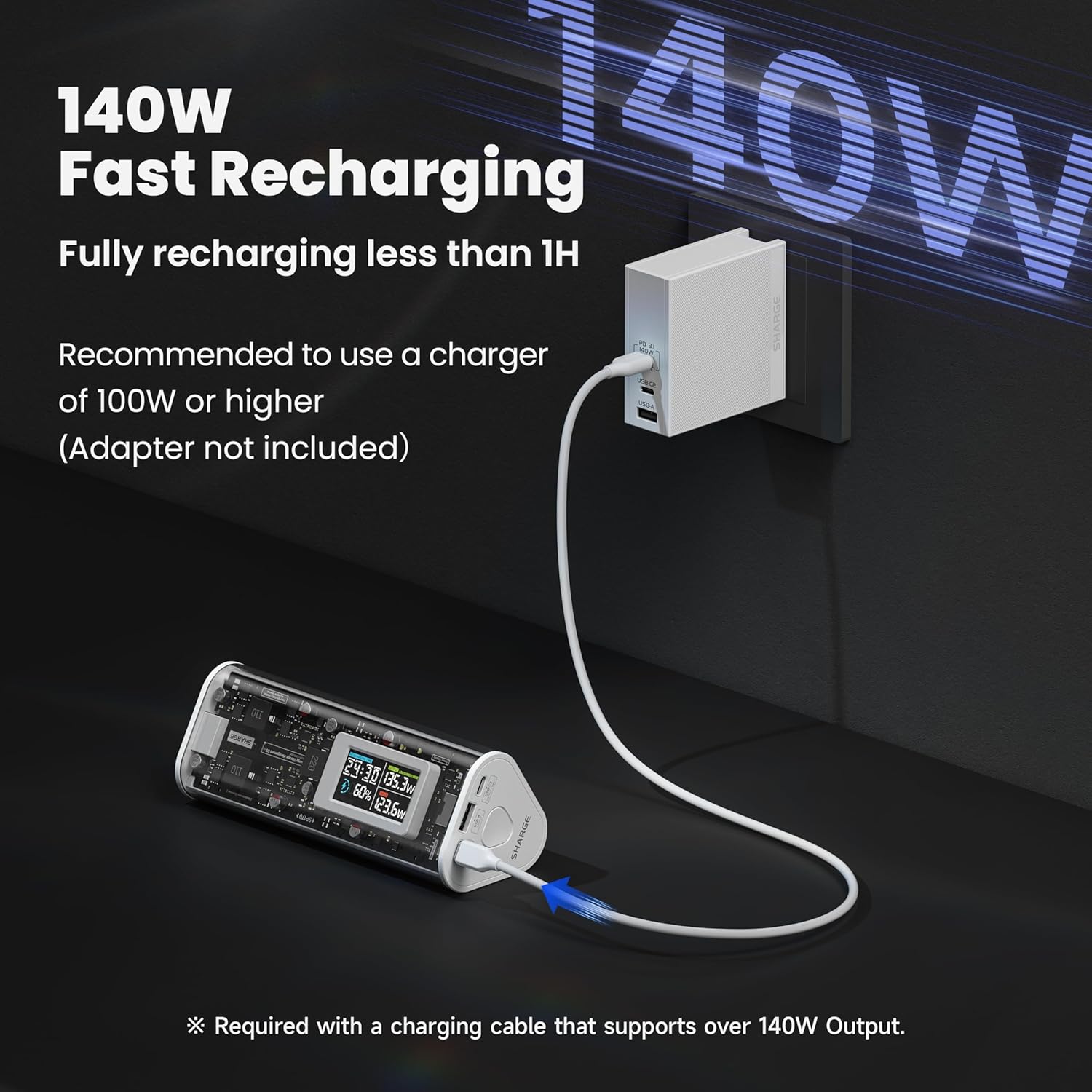 SHARGEEK - EK 170 Power Bank, 170W Total 24,000Mah High Capacity Portable Charger with Smart Display, IP66 140W PD3.1 Battery Pack for Laptop Iphone 17/16/15 Galaxy Google Pixel Macbook - Serious Techies