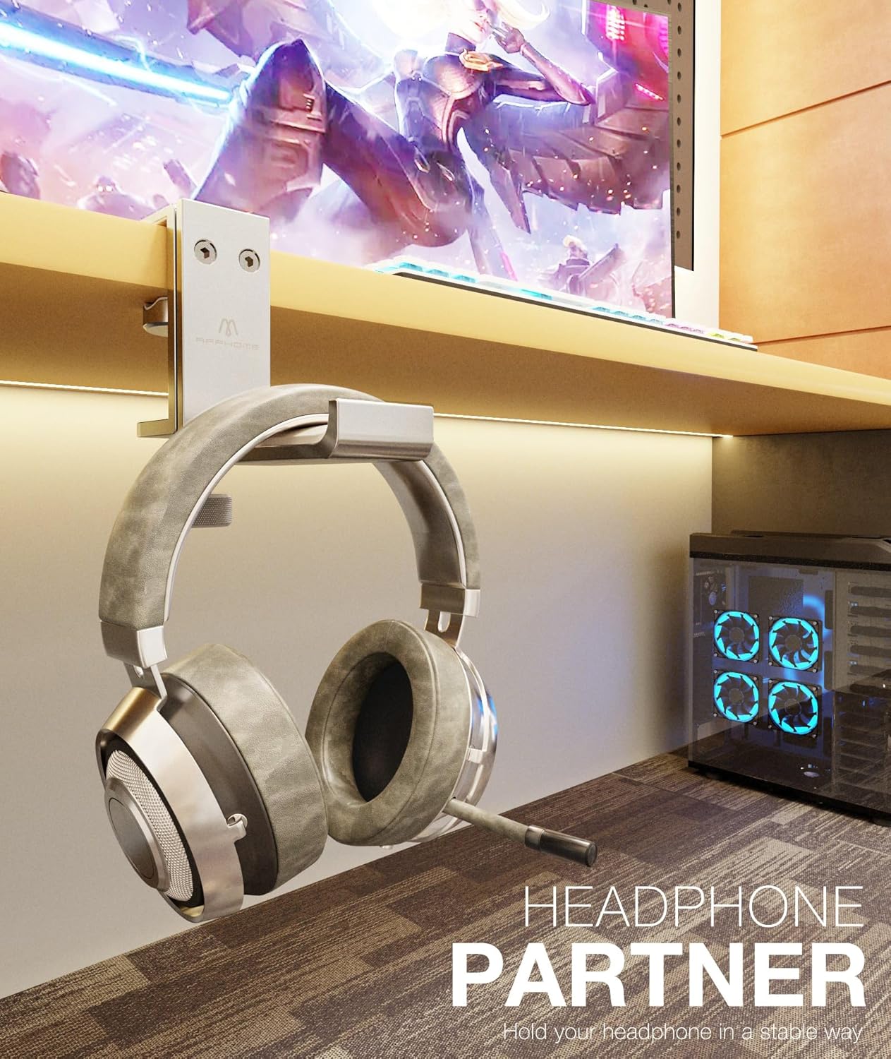  APPHOME - Foldable Headphone Stand and Hook – Aluminum Headset Holder Clamp Mount under Desk, Universal Fit for Gaming Headphones, Space-Saving Hanger Organizer - Serious Techies