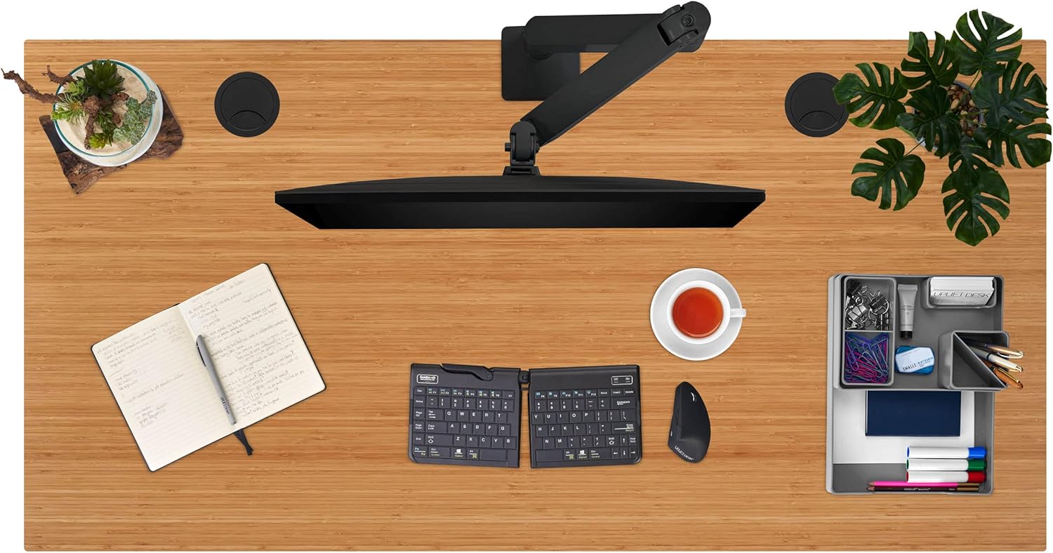 Uplift - Desk Bamboo (60 X 30 Inch) Standing Desk 2-Leg V2 Adjustable Stand up C-Frame (Black), Advanced Keypad, Wire Grommets, Wire Tray, Rocker Board - Serious Techies