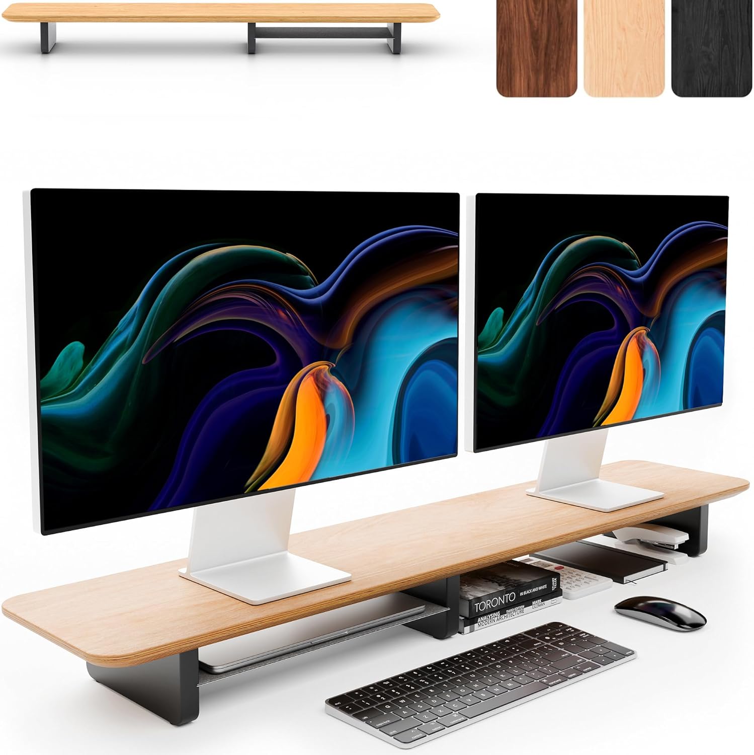 KIVY - Dual Monitor Riser with Integrated Metal Shelf - Wooden Desk Shelf for Top of Desk - Wood Monitor Stand for Desk 2 Monitors / Tv - Dual Monitor Stand Riser for Desk - Large Walnut Monitor Stand - Serious Techies