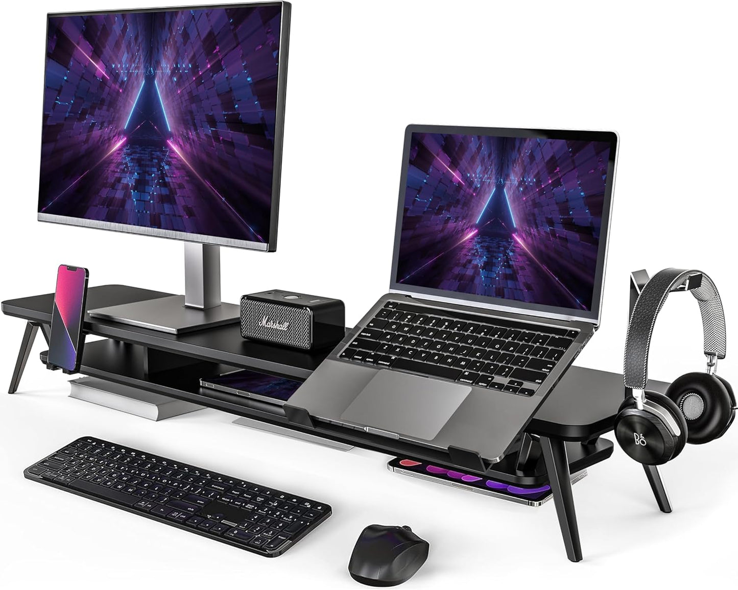 Fenge - Dual Monitor Stand, Monitor Riser for 2 Monitors with Adjustable Laptop Riser , 42.5 Inch Desk Shelf for Top of Desk with Phone Holder& Headphone Stand - Serious Techies