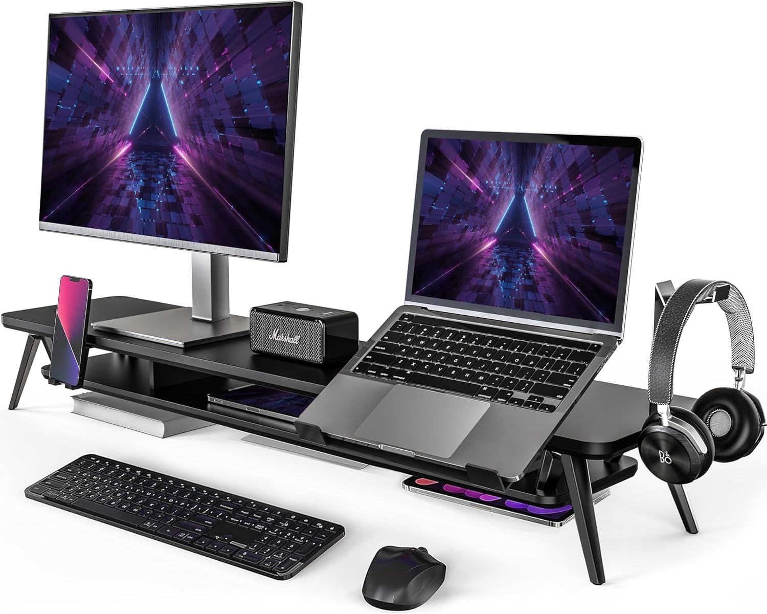 Fenge - Dual Monitor Stand, Monitor Riser for 2 Monitors with Adjustable Laptop Riser , 42.5 Inch Desk Shelf for Top of Desk with Phone Holder& Headphone Stand - Serious Techies