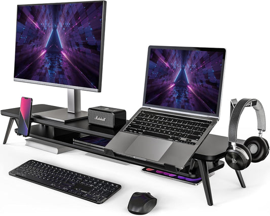 Fenge - Dual Monitor Stand, Monitor Riser for 2 Monitors with Adjustable Laptop Riser , 42.5 Inch Desk Shelf for Top of Desk with Phone Holder& Headphone Stand - Serious Techies