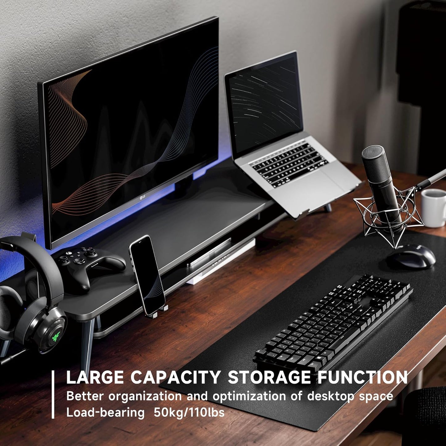 Fenge - Dual Monitor Stand, Monitor Riser for 2 Monitors with Adjustable Laptop Riser , 42.5 Inch Desk Shelf for Top of Desk with Phone Holder& Headphone Stand - Serious Techies