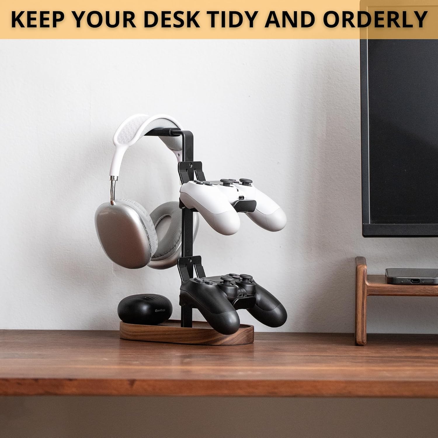 muso - 2-In-1 Gaming Controller Stand, Headphone Stand, Walnut Controller Stand, Desktop Headset Stand for Game Controllers and PC Earphone Accessories - Serious Techies