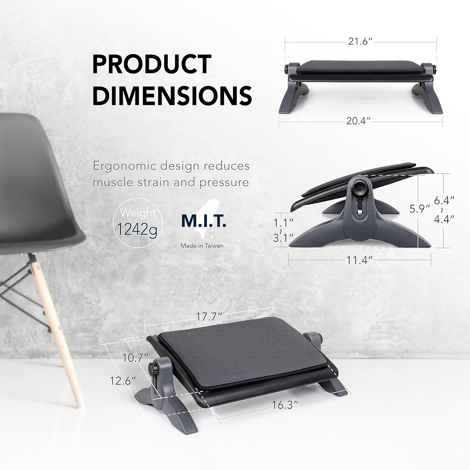 Ottoman, Ergonomic Foot Rest for under Desk, Adjustable Height and Angle, Sponge Platform, Anti-Slip, Ankle Support, Detachable Washable Cushion, Back and Leg Pain Relief, 21.6" L X 11.4" W, Black