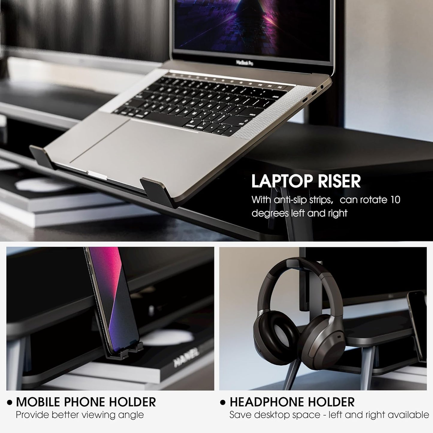 Fenge - Dual Monitor Stand, Monitor Riser for 2 Monitors with Adjustable Laptop Riser , 42.5 Inch Desk Shelf for Top of Desk with Phone Holder& Headphone Stand - Serious Techies