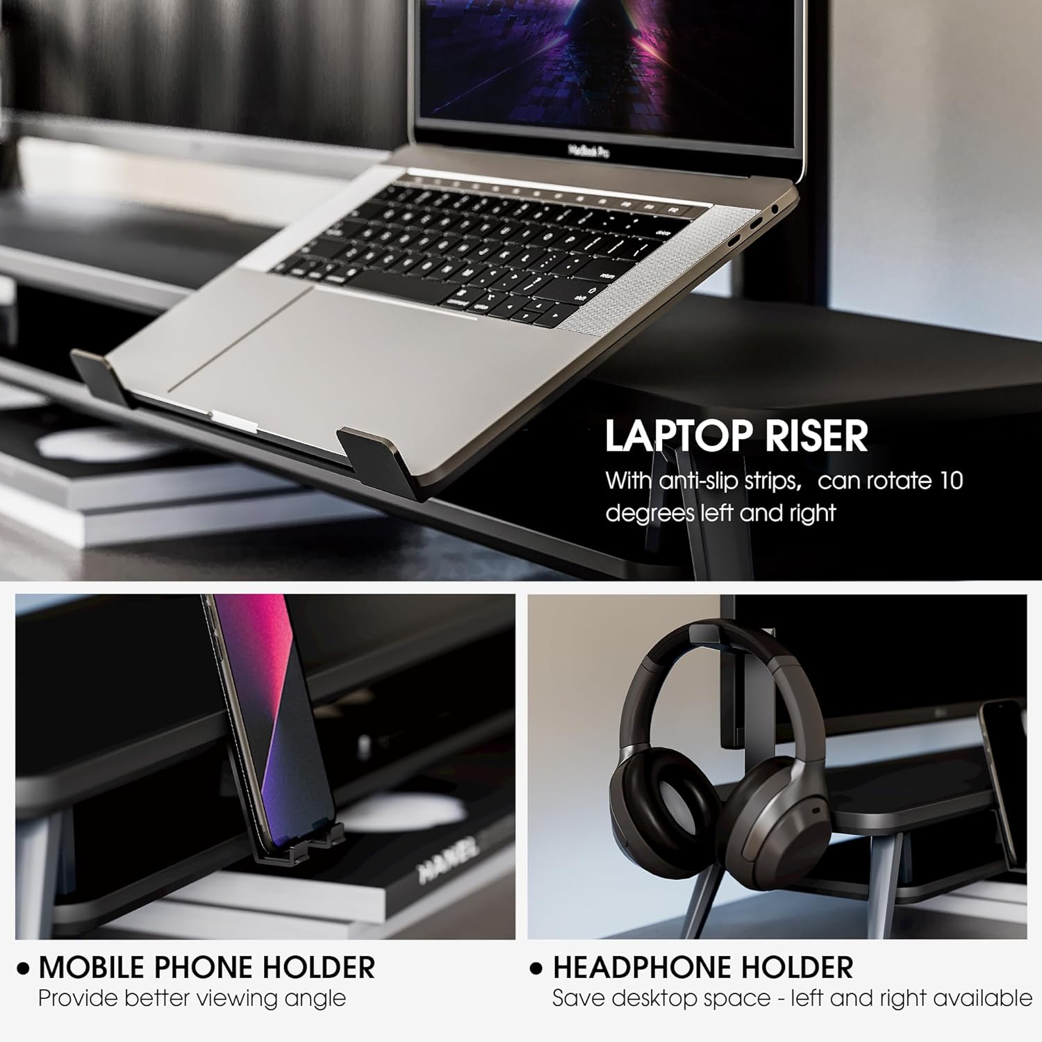 Fenge - Dual Monitor Stand, Monitor Riser for 2 Monitors with Adjustable Laptop Riser , 42.5 Inch Desk Shelf for Top of Desk with Phone Holder& Headphone Stand - Serious Techies