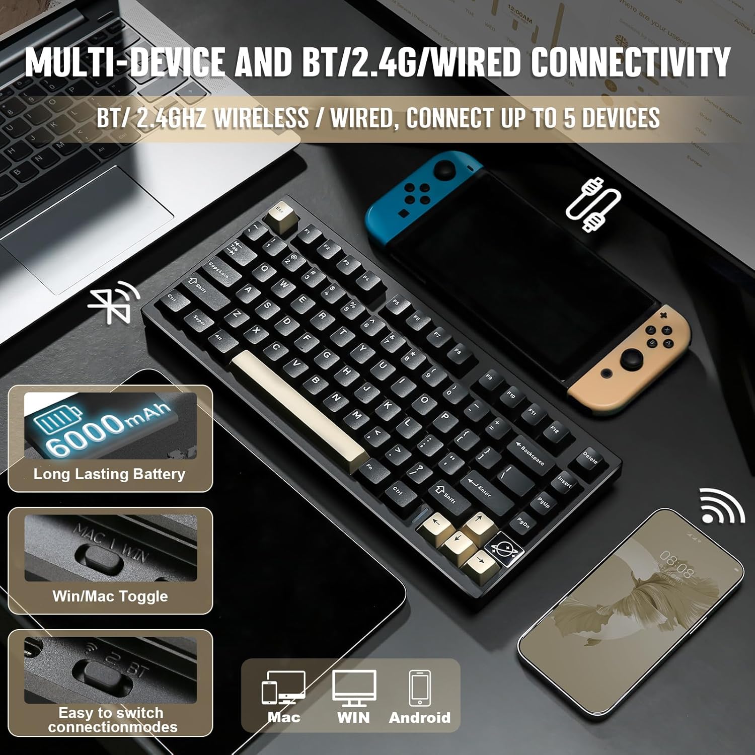 YUNZII - AL75 PRO 75% Wireless Mechanical Gaming Keyboard,Full Aluminum Cnc,Bt/2.4G/Wired,Pbt Keycaps,Gasket Mounted Hot Swap,Custom RGB Backlight, Programmable for Mac/Win (Black, Cocoa Cream V2) - Serious Techies