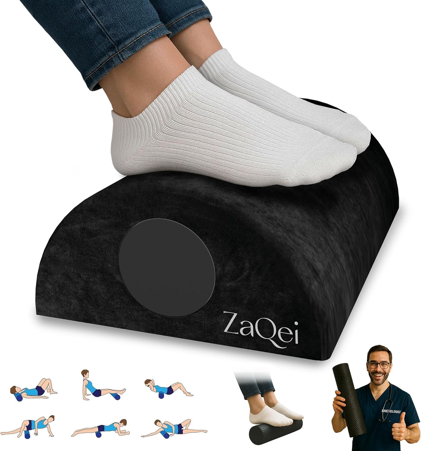 Zaqei - Foot Rest for under Desk at Work, Massage Roller & Egyptian Velvet Cover, Improves Circulation & Prevents Muscle Tension, Ergonomic Foot Stool, Desk and Gaming Accessories, Office Desk Accessories - Serious Techies