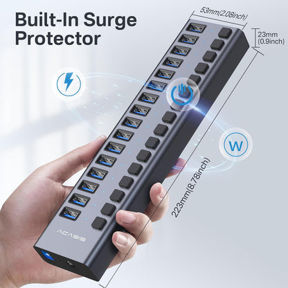 ACASIS - Powered USB 3.1 Hub,  16 Ports USB 3.1 Hub with 10Gbps Data Speed，Aluminum Housing, USB Hub Powered with 96W Power Adapter, USB Hub for Pc/Laptop, Computer, Flash Drive, Printer, Camera - Serious Techies