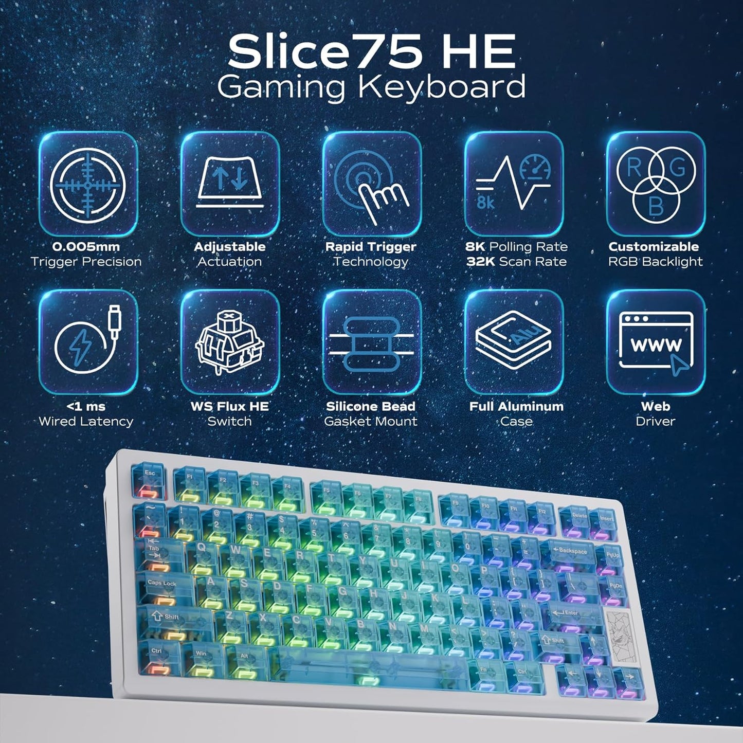 Chilkey Slice75 HE Gaming Keyboard: Hall Effect Aluminum Keyboard with Flux Switch, Rapid Trigger, 8K Polling, Per-Key RGB Gaming Magnetic Switch Key Board for Gaming (Translucent Blue)