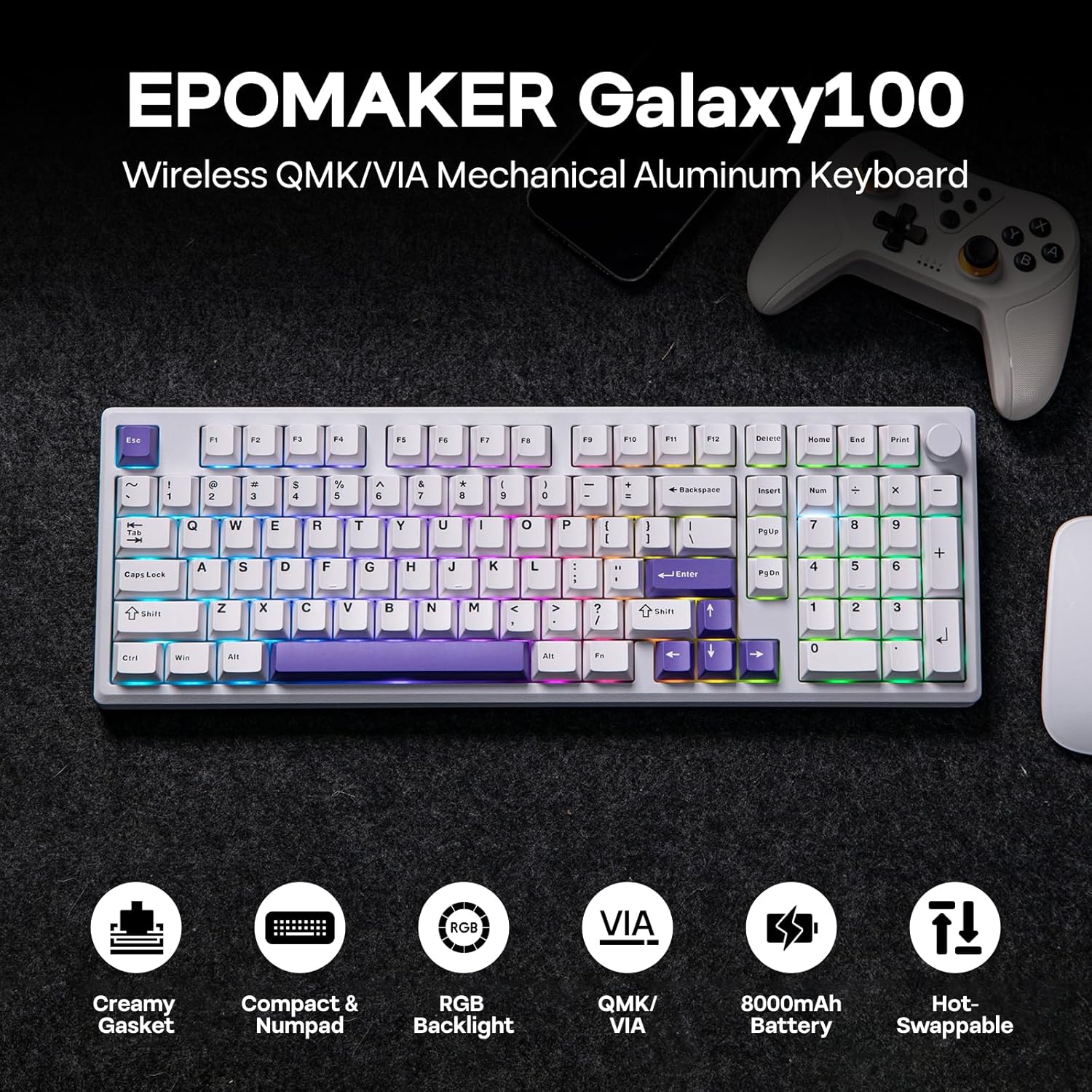 EPOMAKER - Galaxy100 QMK/VIA Wireless Mechanical Keyboard with 8000Mah Battery and Numpad, CNC Aluminum, Full Size Gaming Keyboard, Usb-C/Bt5.0/2.4Ghz (White Purple, Wisteria Linear Switch) - Serious Techies