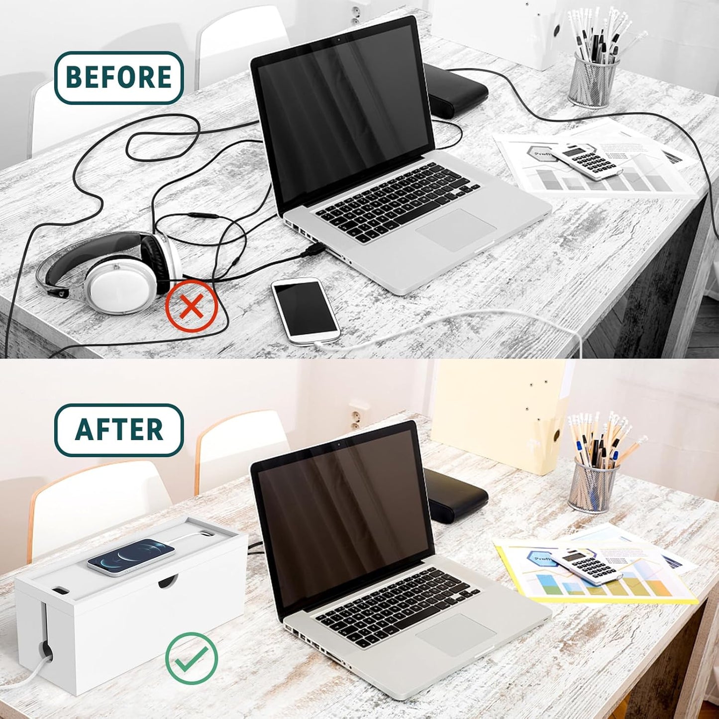Bivvclaz - Bamboo Cable Management Box, Large Cord Organizer Box Cable Box to Hide Wires & Power Strips for Desktop Storage Cord Holder for Office Home,No Assembley Required (All White, Large) - Serious Techies