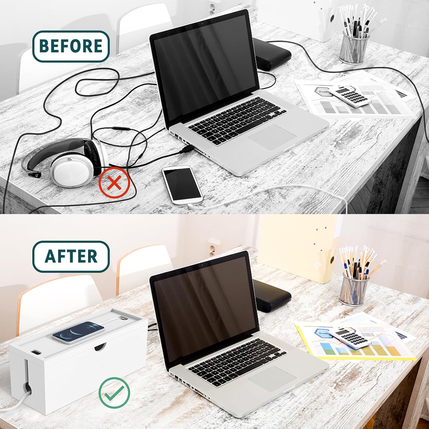 Bivvclaz - Bamboo Cable Management Box, Large Cord Organizer Box Cable Box to Hide Wires & Power Strips for Desktop Storage Cord Holder for Office Home,No Assembley Required (All White, Large) - Serious Techies