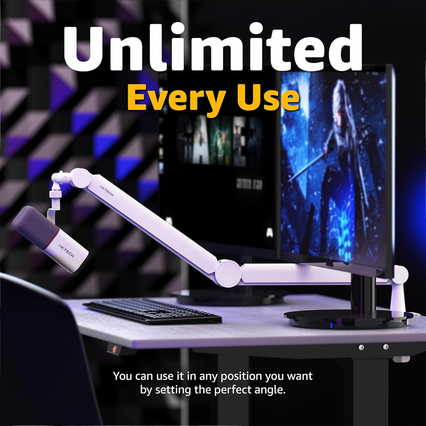 IXTECH - Mic Arm White Premium Boom Arm 360° Rotatable Microphone Arm Stand with Desk Mount Fully Adjustable Sturdy and Universal VALIANT WHITE Model - Serious Techies