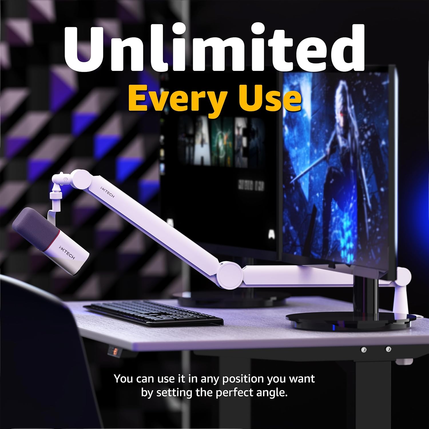 IXTECH - Mic Arm White Premium Boom Arm 360° Rotatable Microphone Arm Stand with Desk Mount Fully Adjustable Sturdy and Universal VALIANT WHITE Model - Serious Techies