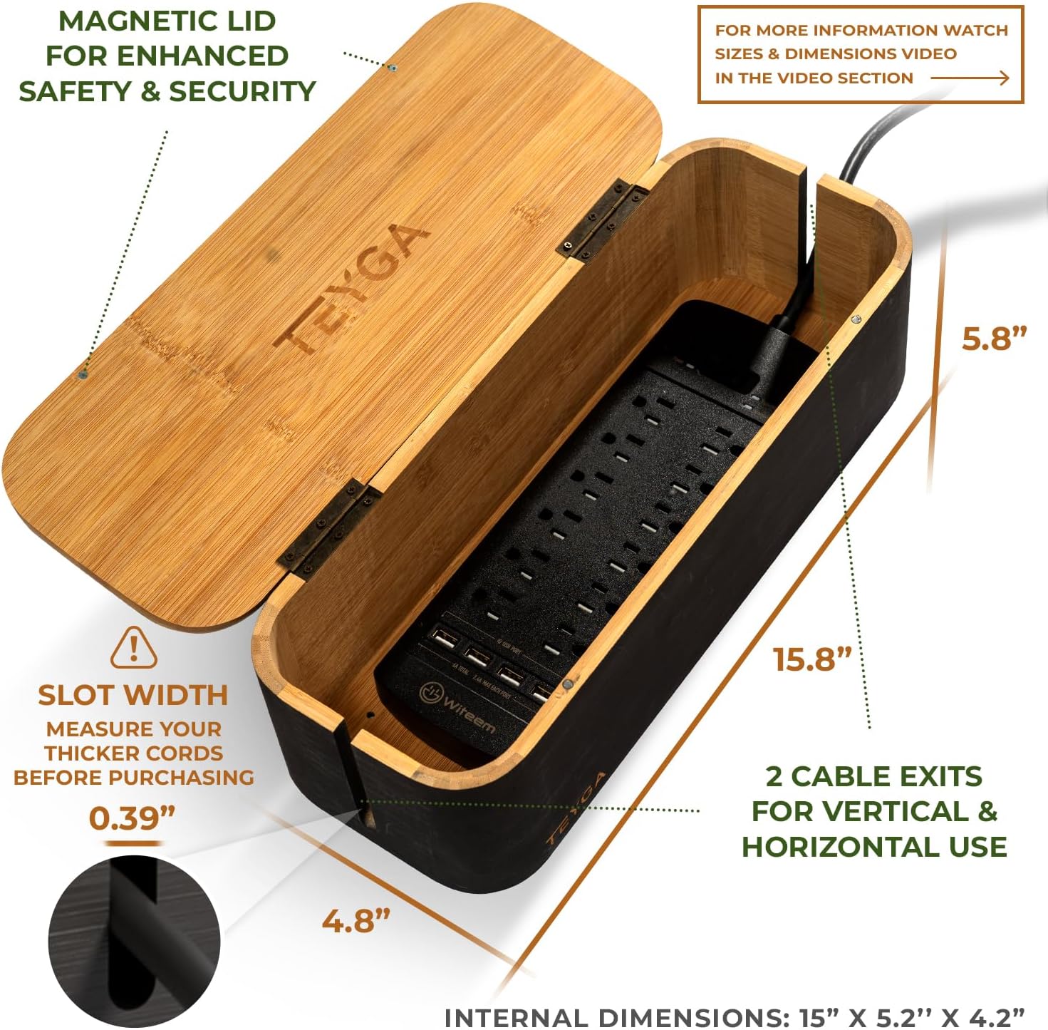 TEYGA - Bamboo Cable Management Box - Stylish Cord Organizer Box Hides Power Strip and Keeps Cords Untangled - Surge Protector Cover Keeps Child Safe - TV Cord Box for Home and Office (Premium - Black) - Serious Techies