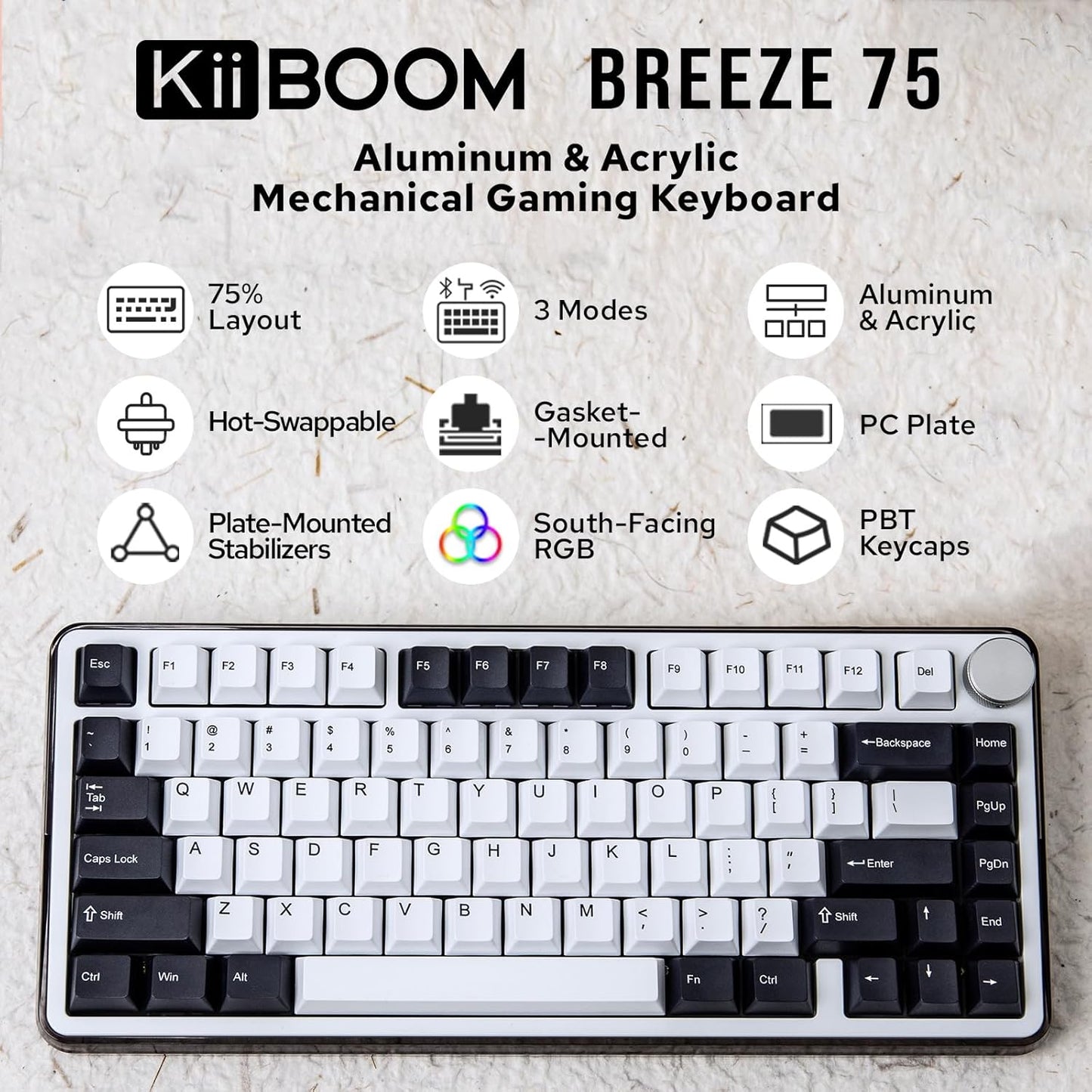 KiiBoom - Breeze 75 75% CNC Aluminum and Acrylic Mechanical Gaming Keyboard, Usb-C/Bt5.0/2.4Ghz Wireless Creamy Keyboard, with Gasket Structure, RGB, 8000Mah Battery for Win/Mac (Black) - Serious Techies
