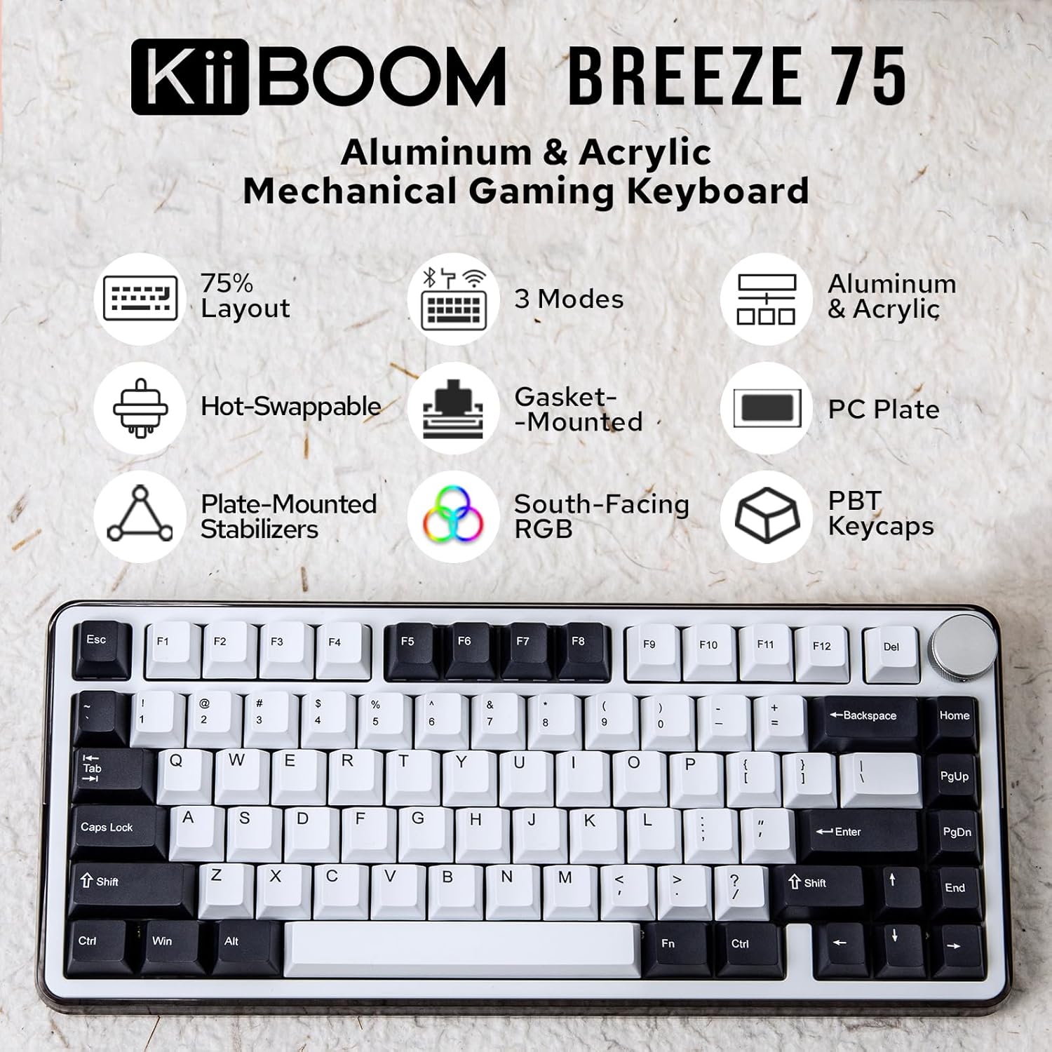 KiiBoom - Breeze 75 75% CNC Aluminum and Acrylic Mechanical Gaming Keyboard, Usb-C/Bt5.0/2.4Ghz Wireless Creamy Keyboard, with Gasket Structure, RGB, 8000Mah Battery for Win/Mac (Black) - Serious Techies