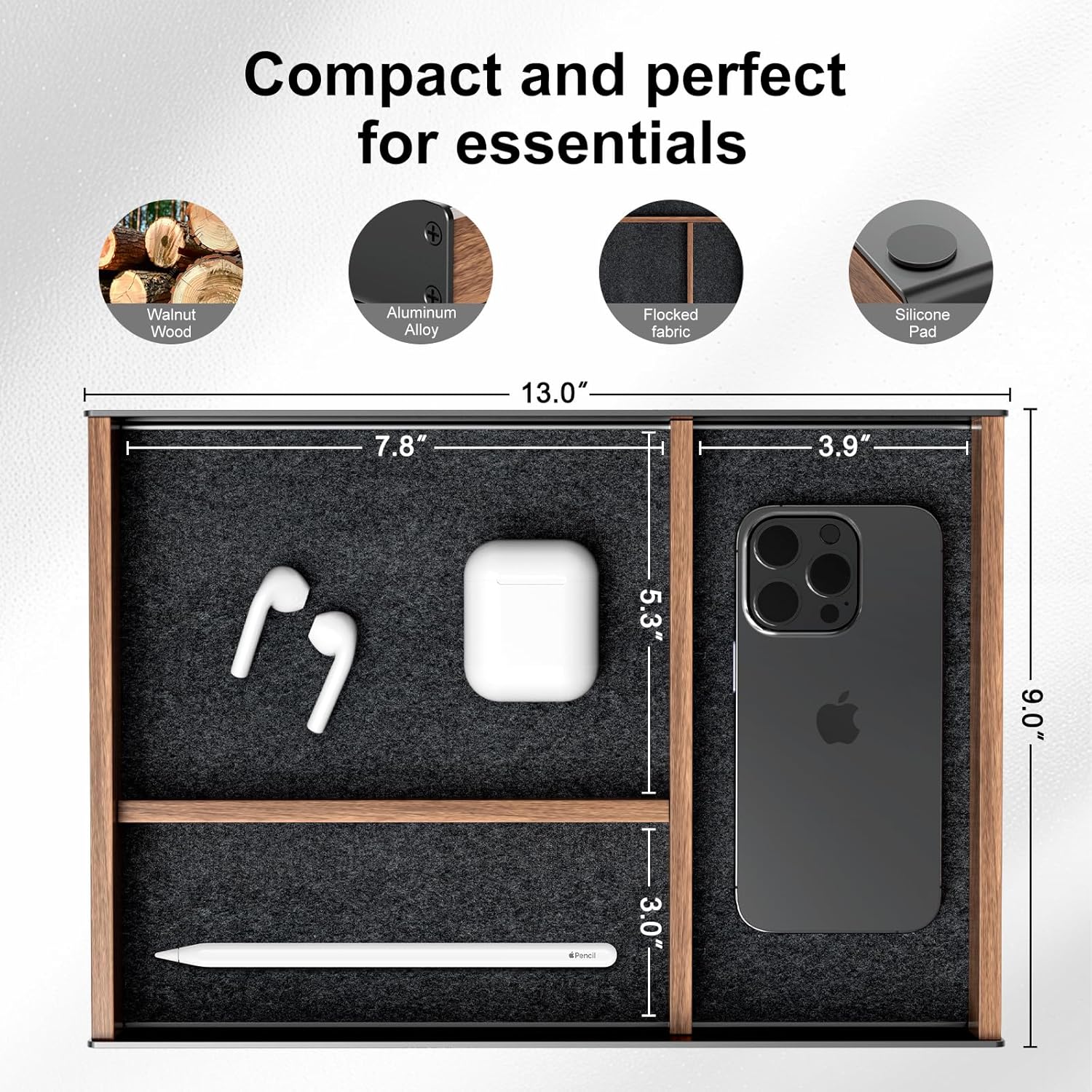 UPERGO - Desk Drawer Organizer Tray, Mens Valet Made of Aluminum and Walnut, Aesthetic Desk Accessories for Office Home Supplies - Serious Techies
