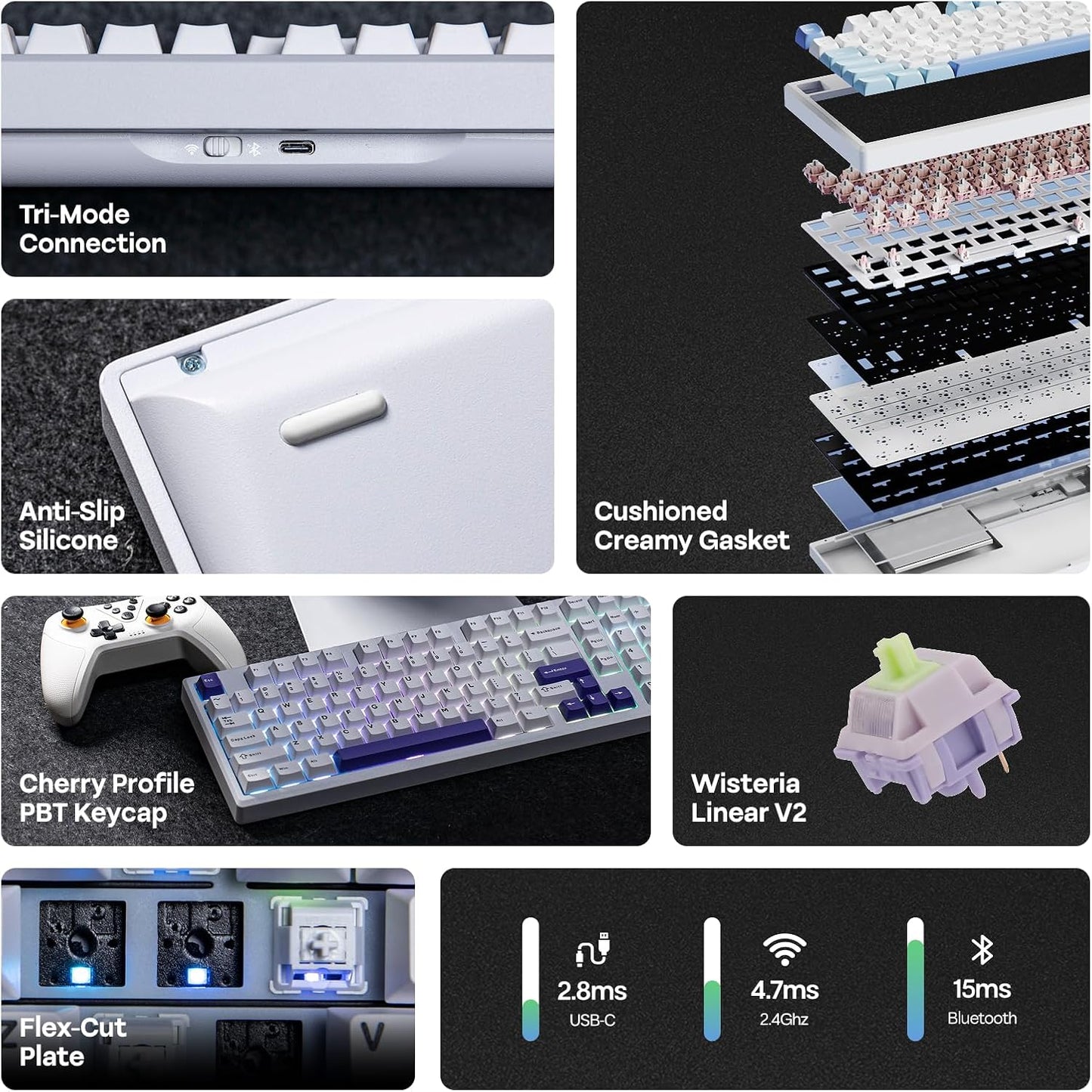EPOMAKER - Galaxy100 QMK/VIA Wireless Mechanical Keyboard with 8000Mah Battery and Numpad, CNC Aluminum, Full Size Gaming Keyboard, Usb-C/Bt5.0/2.4Ghz (White Purple, Wisteria Linear Switch) - Serious Techies