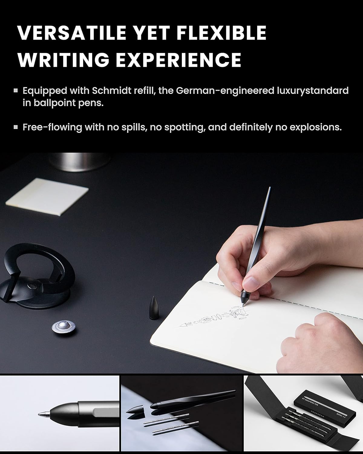 novium - Hoverpen Interstellar - Space Black, Ballpoint Pen, Unique Conversational Starter, Premium Futuristic Design, Precision Flow Ink, Schmidt Ballpoint Cartridges - Serious Techies