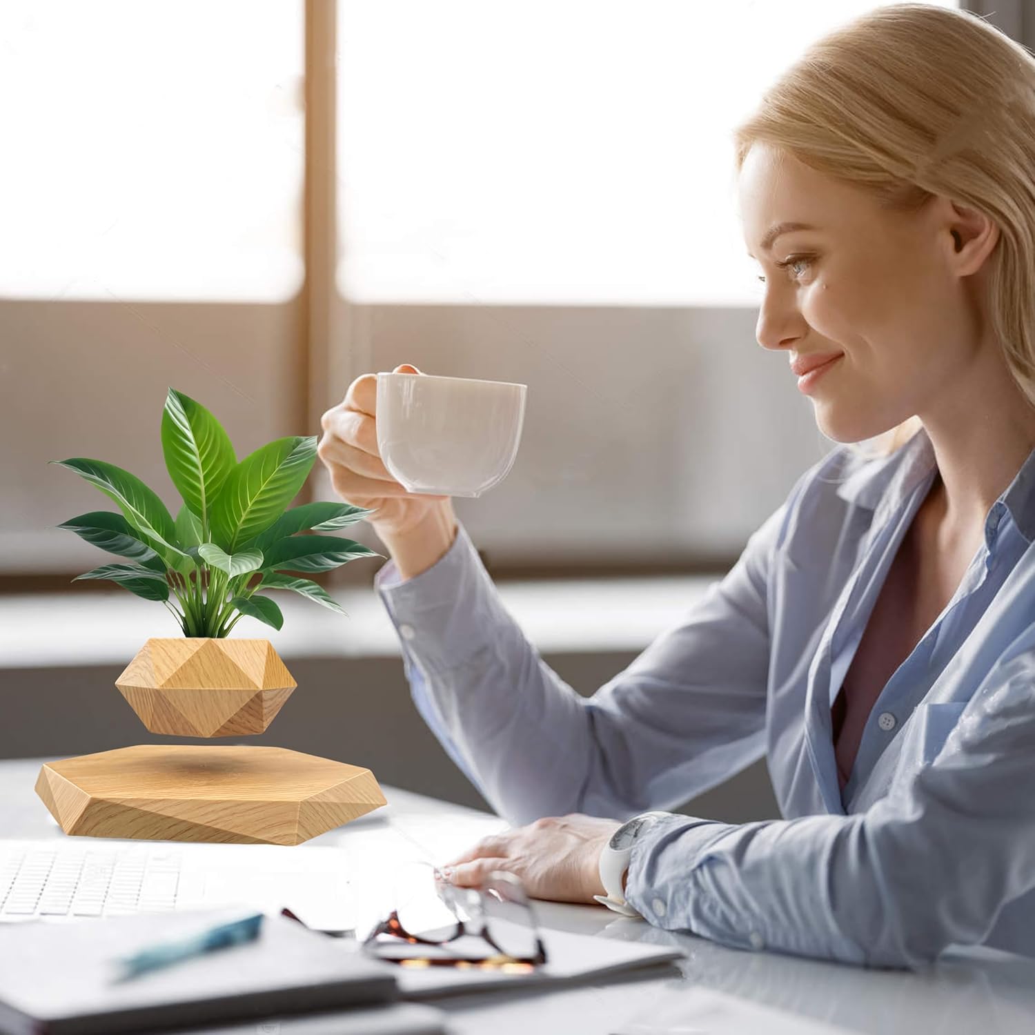 Luxelinc - Levitating Plant Pot, Floating Plant Pot Small Floating Flower Pot, 360° Rotating Floating Pots for Plants, Floating Planter for Levitating Decor, Levitating Display Home Office Desk Decor (Yellow) - Serious Techies