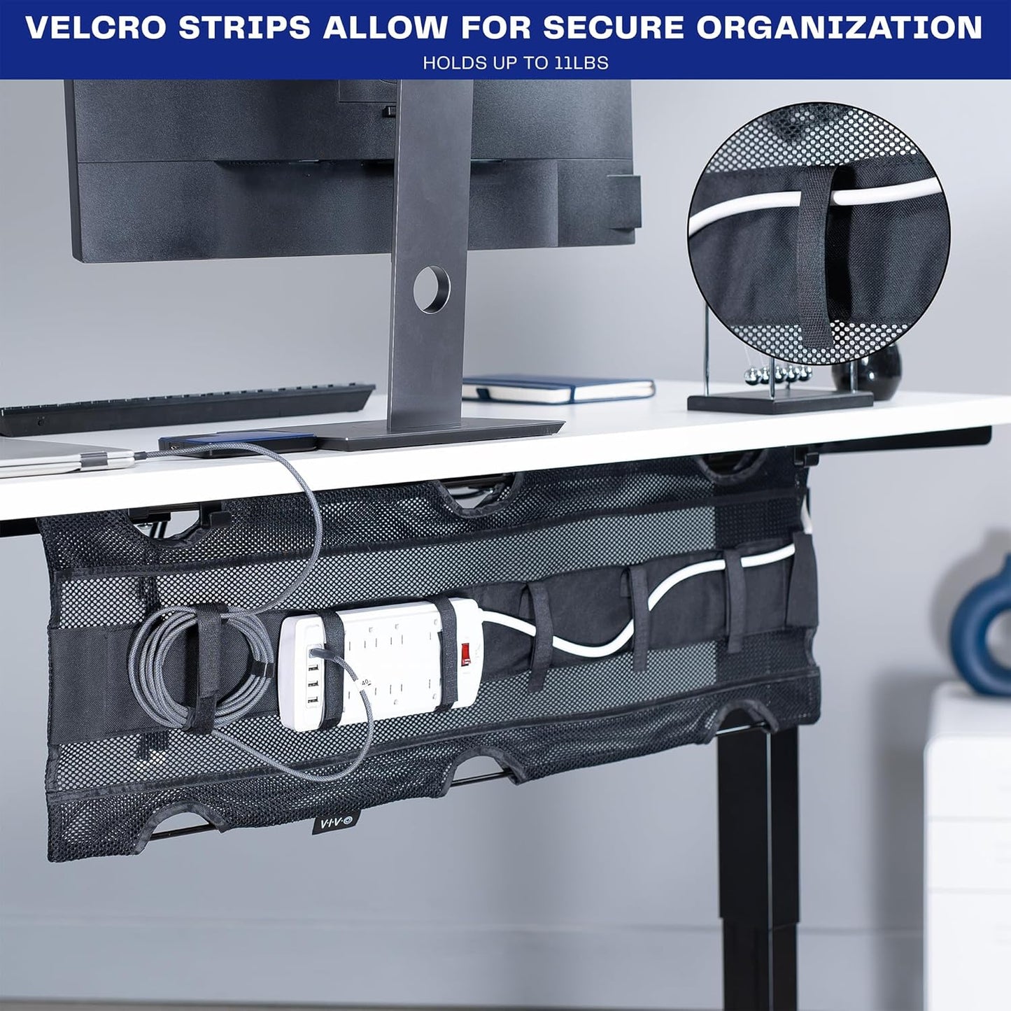 under Desk 36 Inch Mesh Net Cable Management with Power Strip Holder, Wire Organizer, Adjustable Home Office Standing Desk Cord Storage, Black, DESK-AC36MH-S