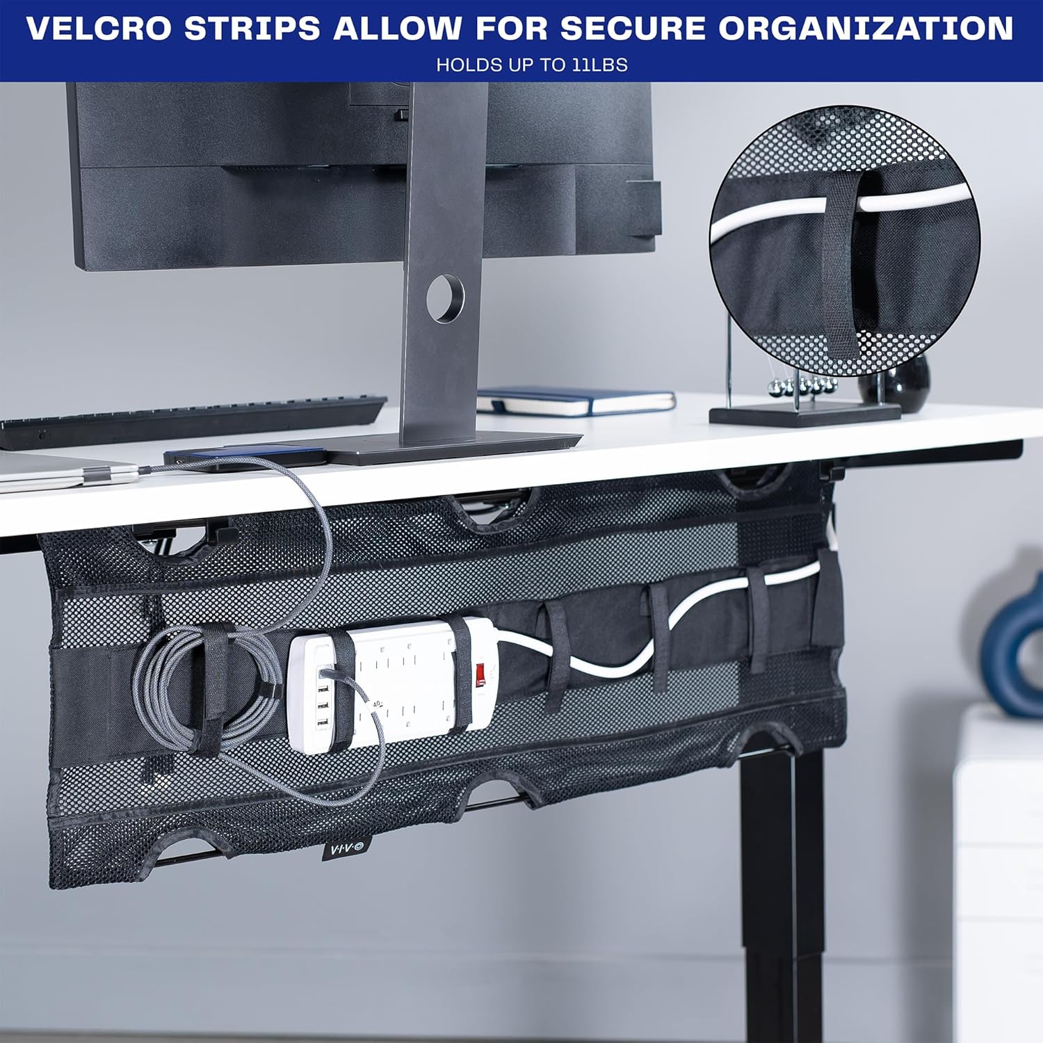 under Desk 36 Inch Mesh Net Cable Management with Power Strip Holder, Wire Organizer, Adjustable Home Office Standing Desk Cord Storage, Black, DESK-AC36MH-S