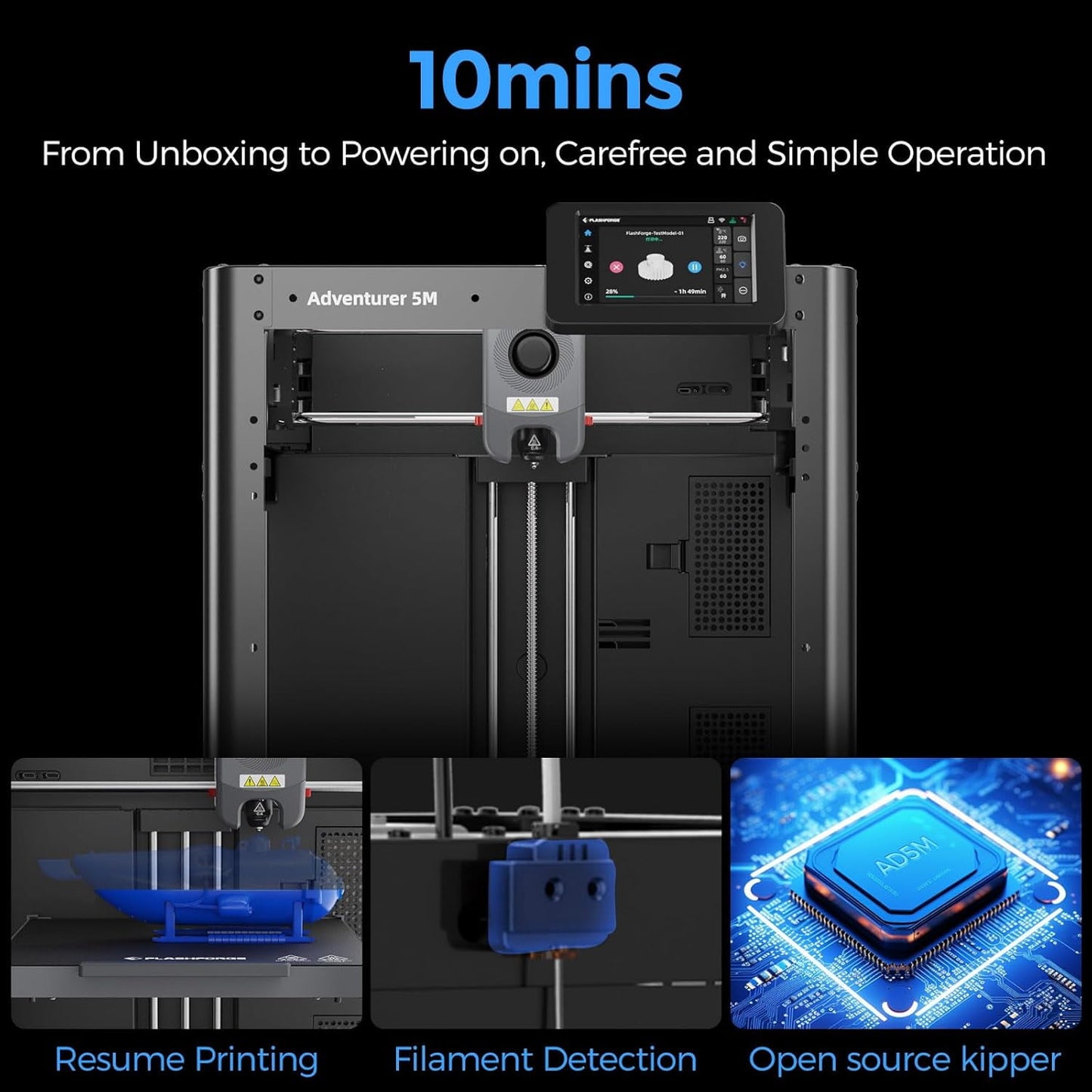 Flashforge - Adventurer 5M 3D Printer, Fully Auto Leveling & 600Mm/S High Speed Printing, Black - Serious Techies