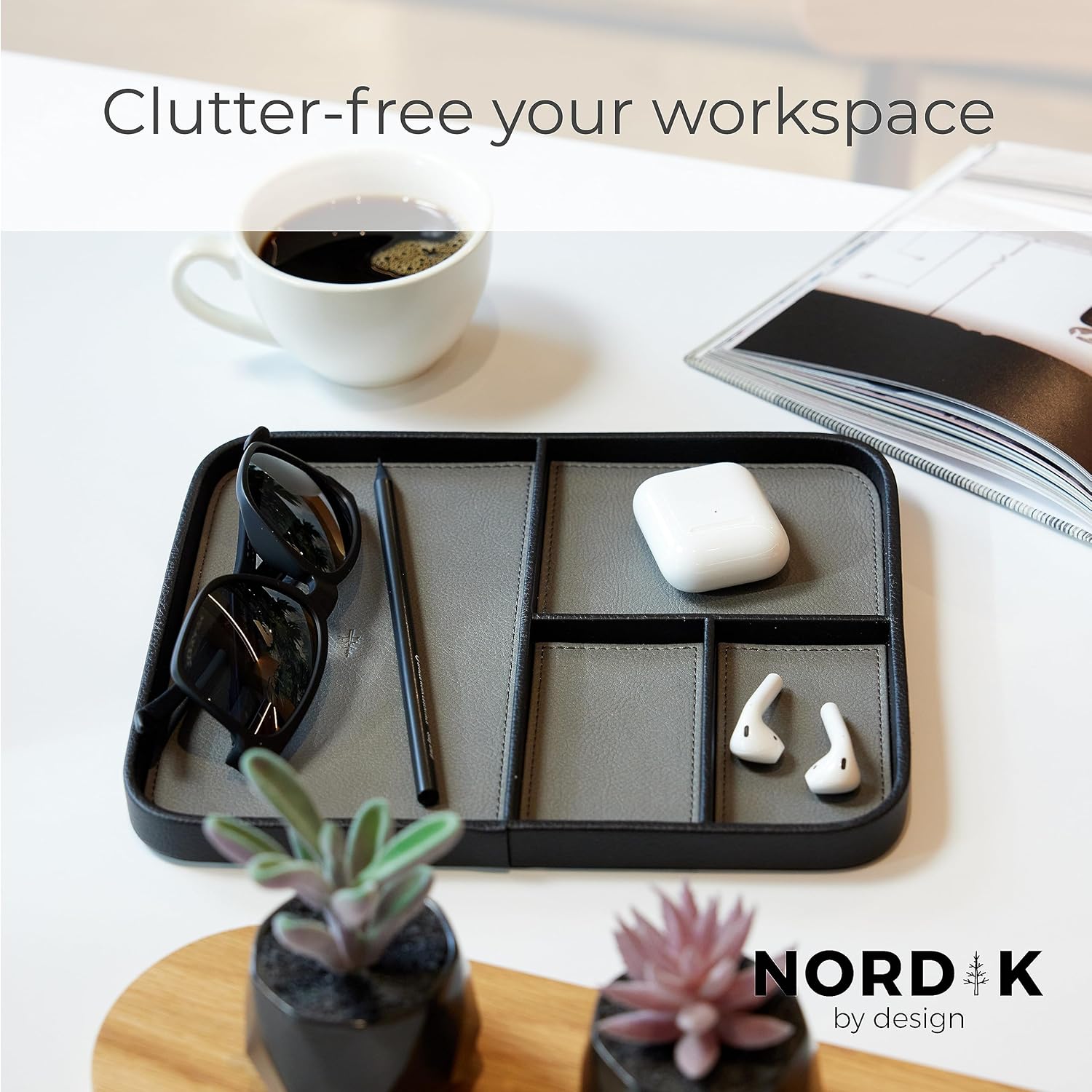 Nordik - Leather Valet Tray - Pebble Black - Premium Vegan Leather Stylish and Organised Nightstand Tray for Men - EDC Catchall Tray for Keys, Watch, Wallet, Jewellery - Modern Bedside Caddy - Serious Techies