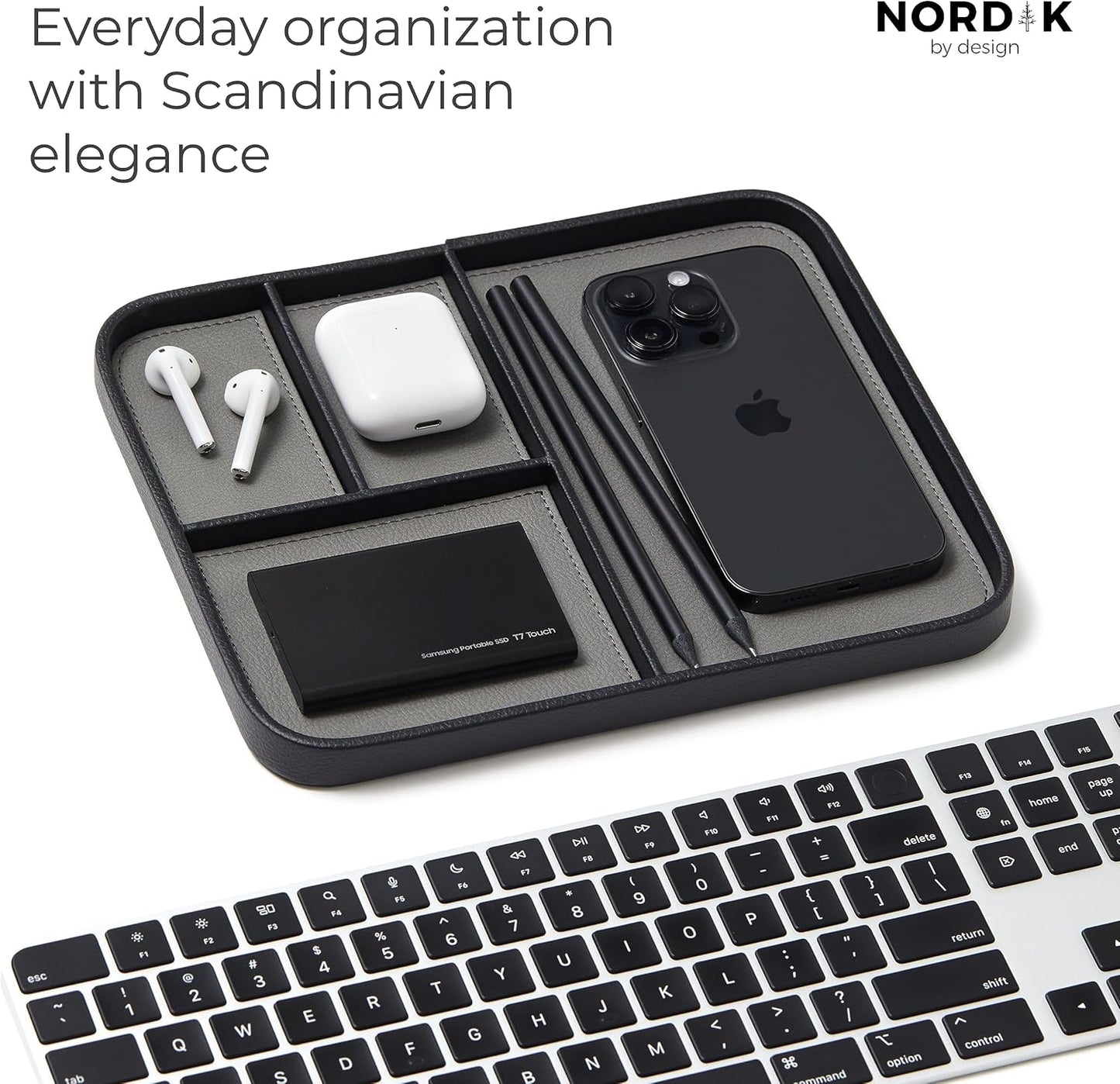 Nordik - Leather Valet Tray - Pebble Black - Premium Vegan Leather Stylish and Organised Nightstand Tray for Men - EDC Catchall Tray for Keys, Watch, Wallet, Jewellery - Modern Bedside Caddy - Serious Techies