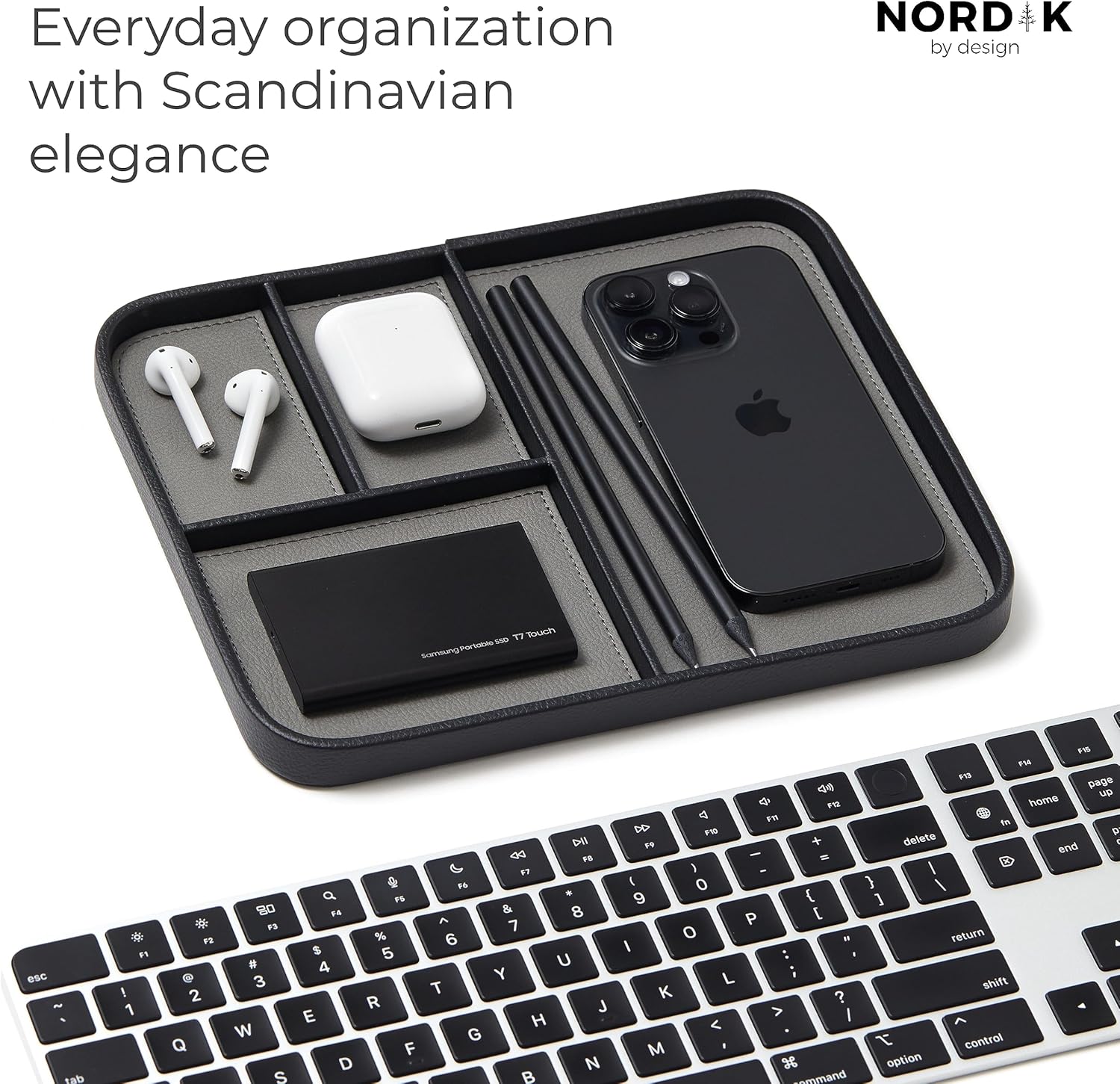 Nordik - Leather Valet Tray - Pebble Black - Premium Vegan Leather Stylish and Organised Nightstand Tray for Men - EDC Catchall Tray for Keys, Watch, Wallet, Jewellery - Modern Bedside Caddy - Serious Techies