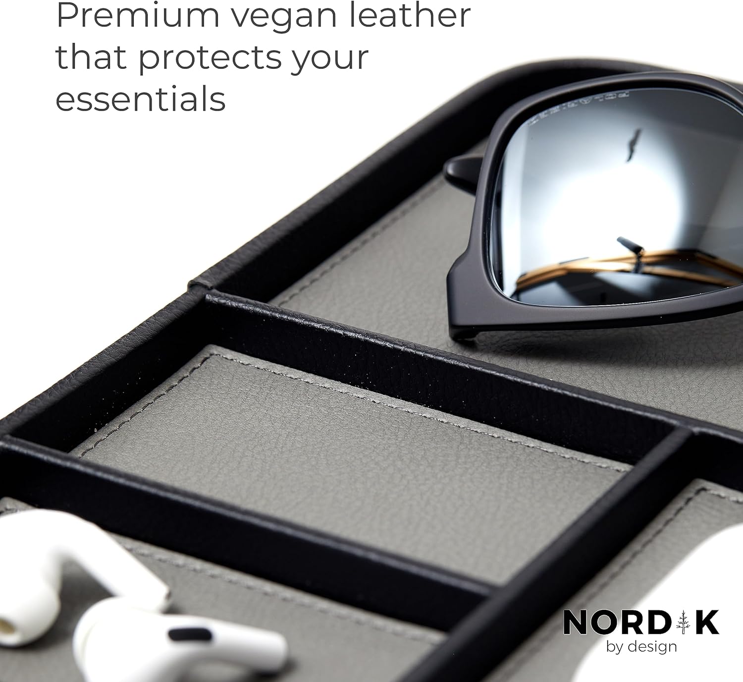 Nordik - Leather Valet Tray - Pebble Black - Premium Vegan Leather Stylish and Organised Nightstand Tray for Men - EDC Catchall Tray for Keys, Watch, Wallet, Jewellery - Modern Bedside Caddy - Serious Techies