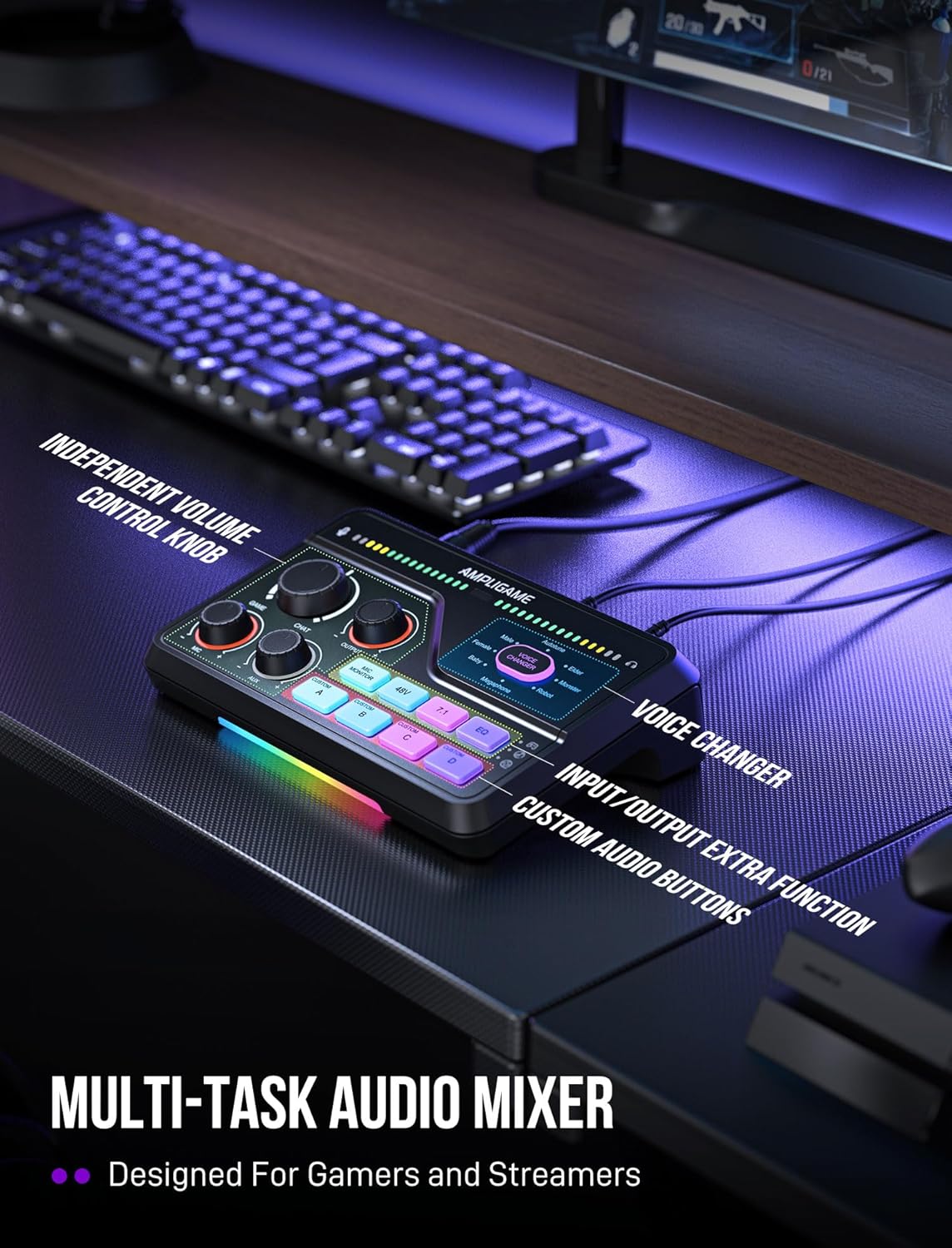 Gaming Audio Mixer for 7.1Ch Surround Sound Headphone Amp-Volume Control-Voice Chat and Streaming-Xlr Mic Preamp-Usb Plug&Play-Voice Changer-Rgb-3 EQ Modes Ampligame SC8