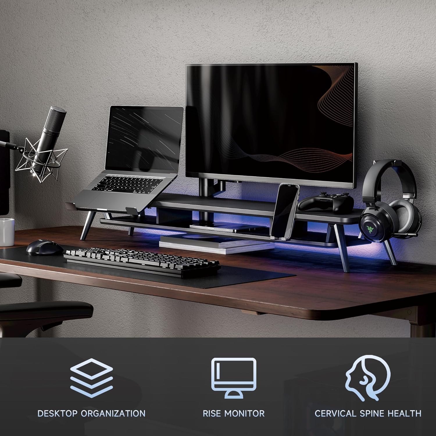 Fenge - Dual Monitor Stand, Monitor Riser for 2 Monitors with Adjustable Laptop Riser , 42.5 Inch Desk Shelf for Top of Desk with Phone Holder& Headphone Stand - Serious Techies